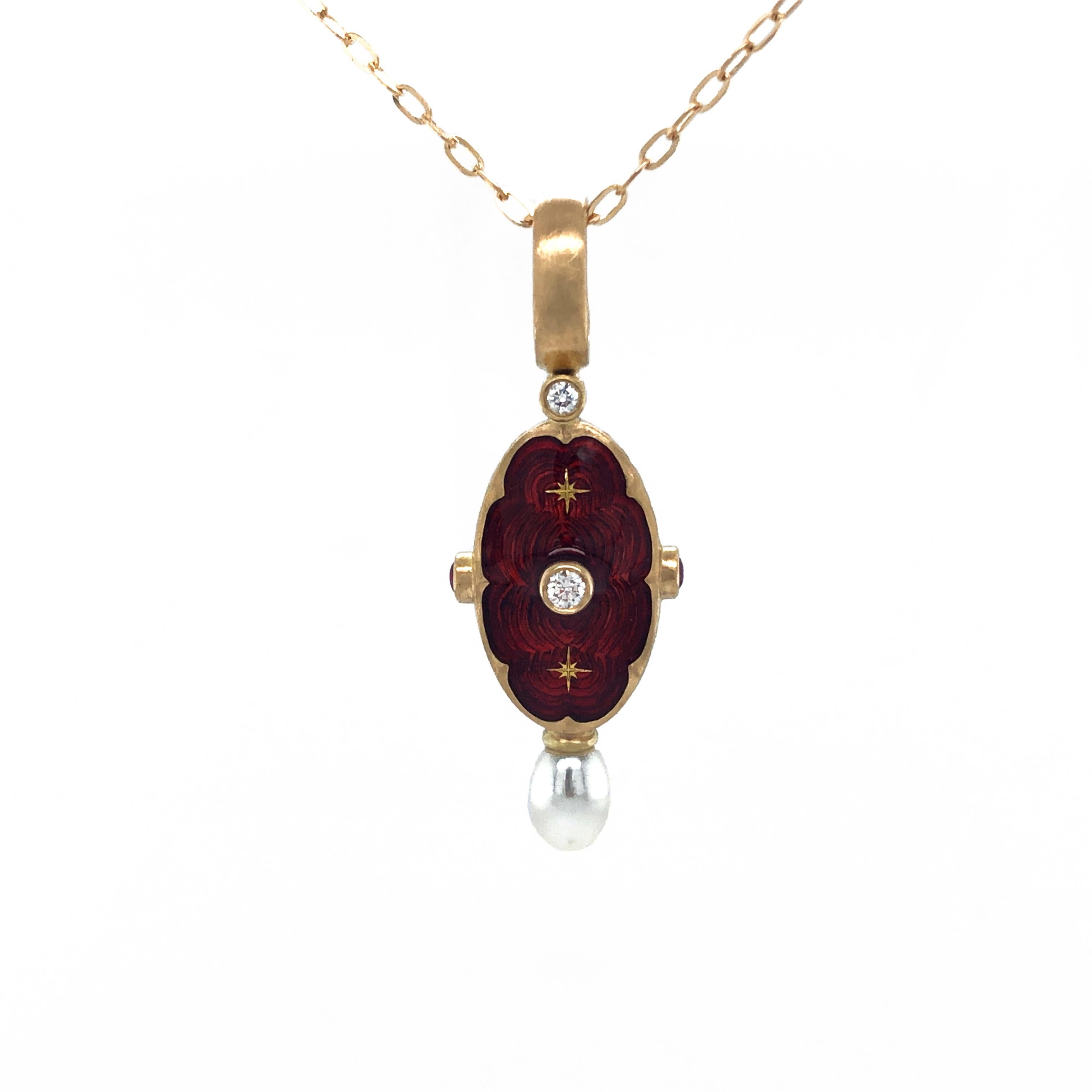 Victor Mayer oval pendant necklace 18k yellow gold, red vitreous guilloche enamel, 2 diamonds, total 0.04 ct G VS, brillant cut, 2 Rubies, 1 sweet water Pearl, 2 Gold Star Paillons

About the creator Victor Mayer
Victor Mayer is internationally