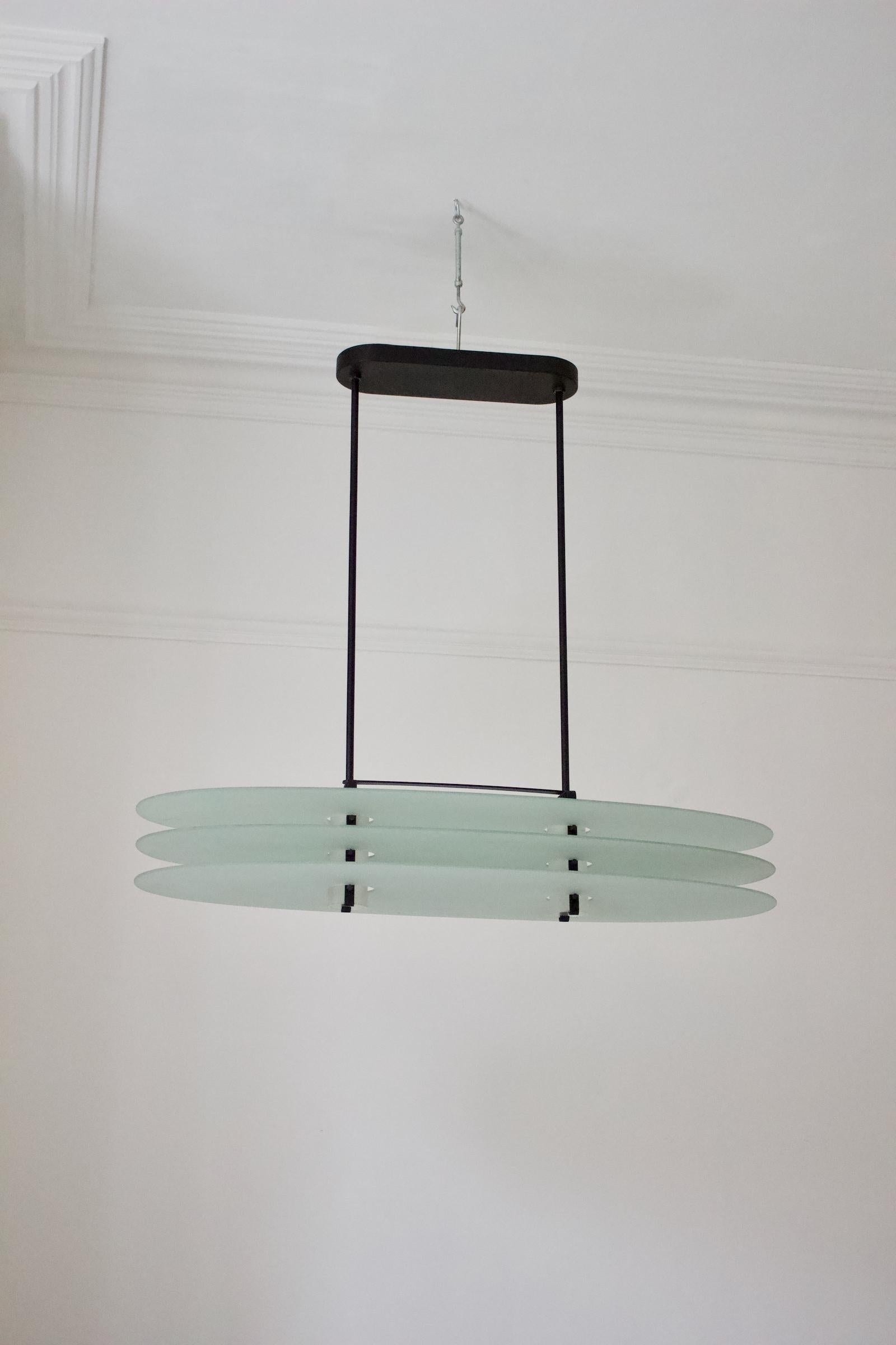Oval Pendant Light of Frosted Glass and Black Steel by Quattrifolio, Italy 1980s 5