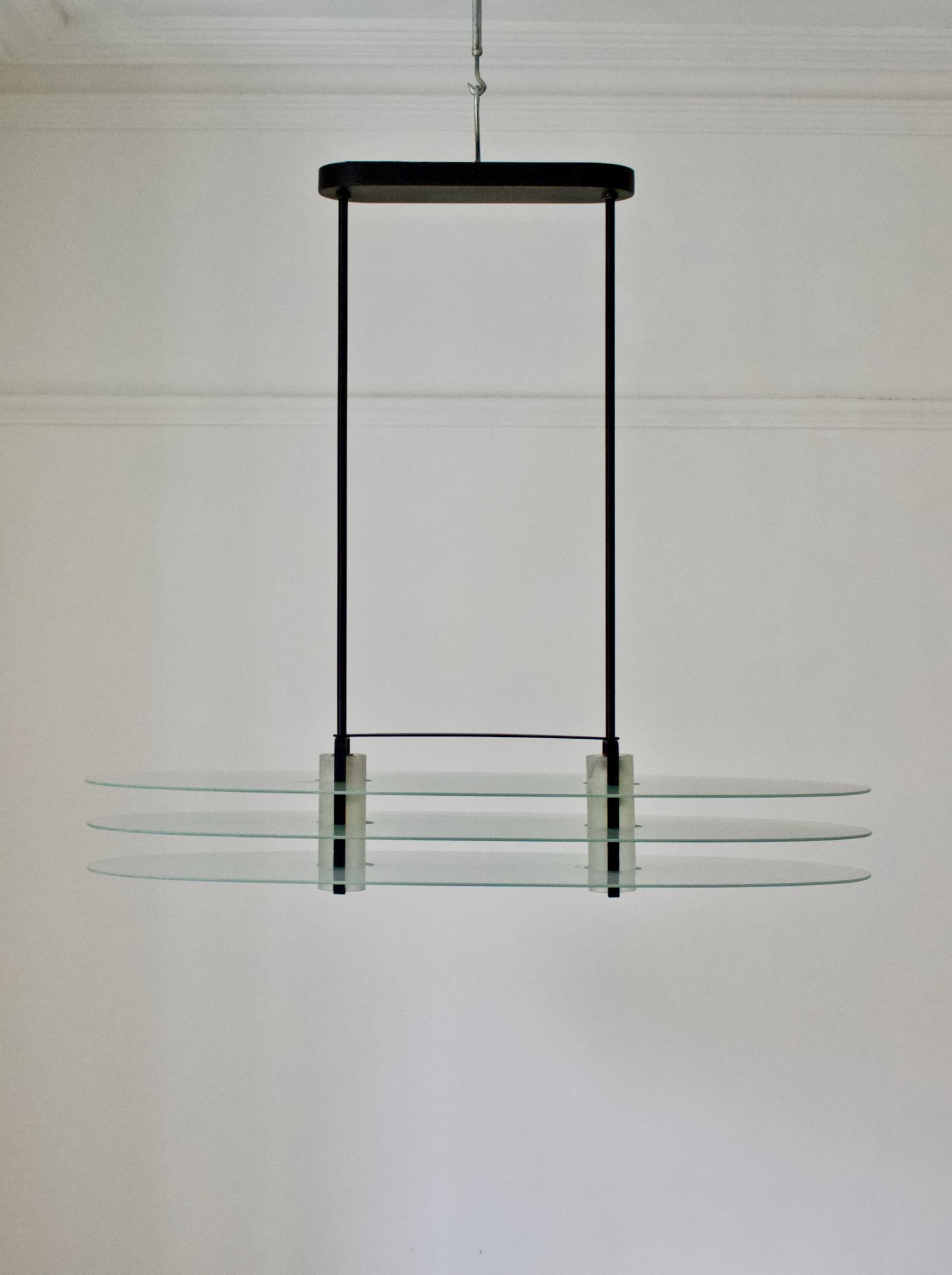 Post-Modern Oval Pendant Light of Frosted Glass and Black Steel by Quattrifolio, Italy 1980s