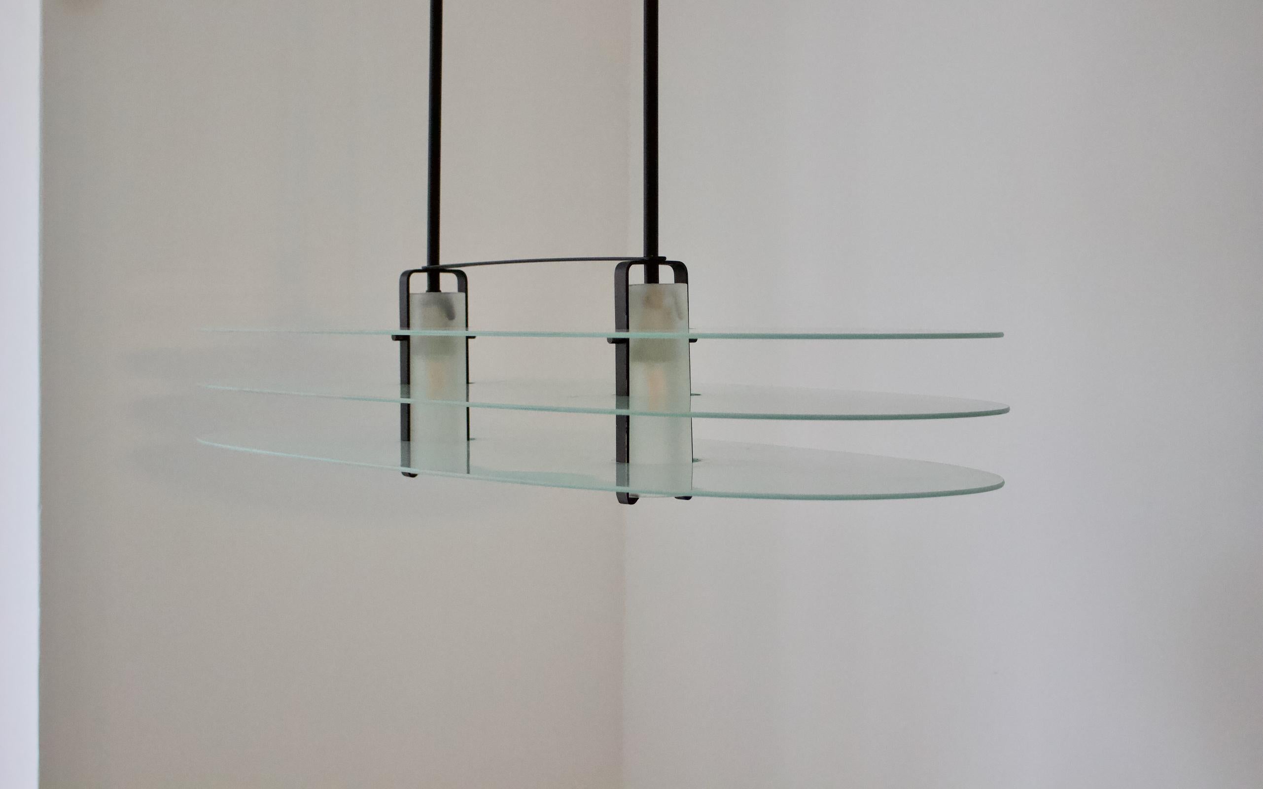 Painted Oval Pendant Light of Frosted Glass and Black Steel by Quattrifolio, Italy 1980s