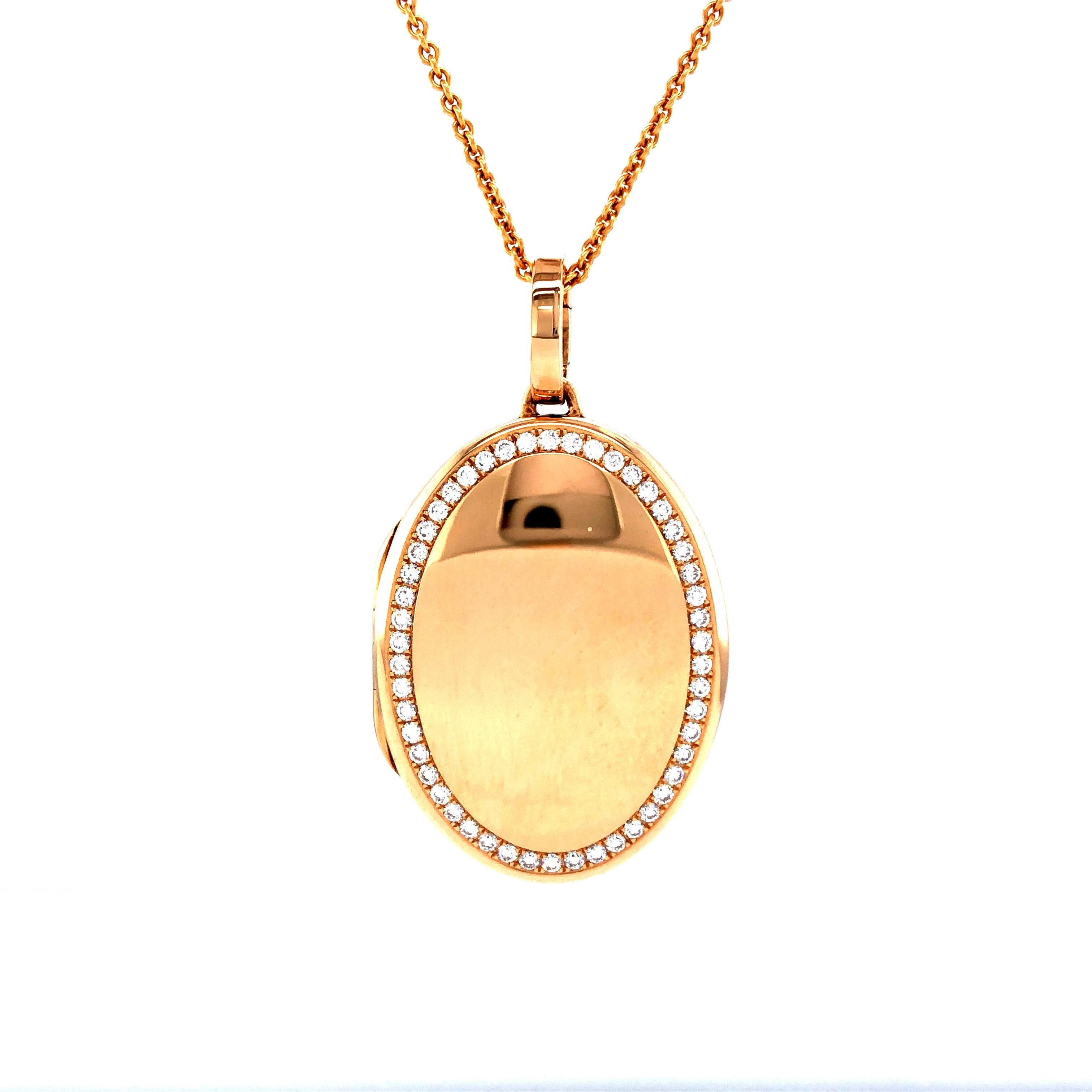 Victor Mayer customizable oval polished pendant locket necklace 18k rose gold, 50 diamonds, total 0.61 ct H VS brilliant cut, measurements app. 35.0 mm x 26.0 mm

About the creator Victor Mayer
Victor Mayer is internationally renowned for elegant
