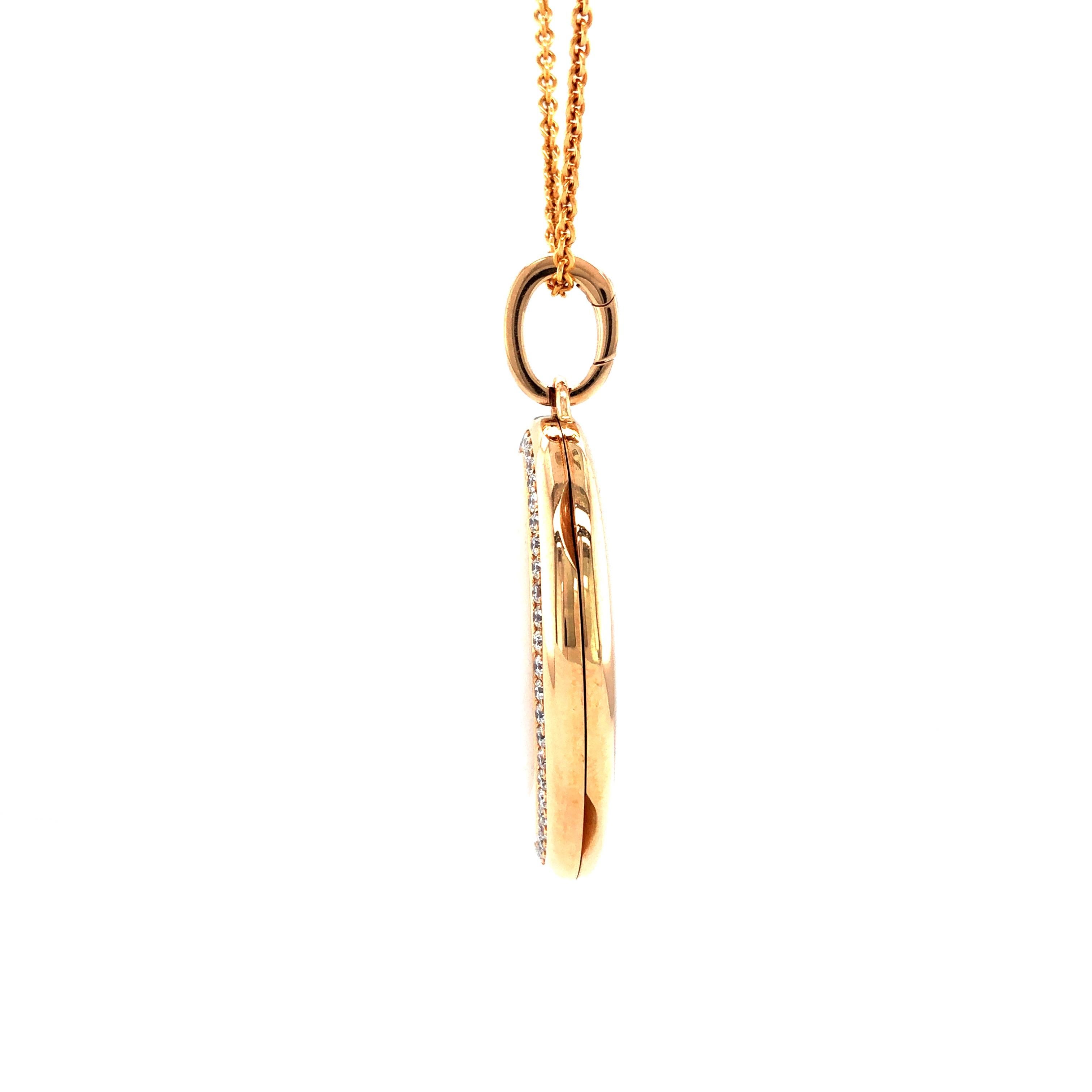 Contemporary Oval Polished Pendant Locket Necklace - 18k Rose Gold - 50 Diamonds 0.61 ct H VS For Sale