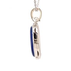 Oval Pendant Locket Necklace 18k White Gold Blue Enamel 85 Diamonds 0.88ct G VS