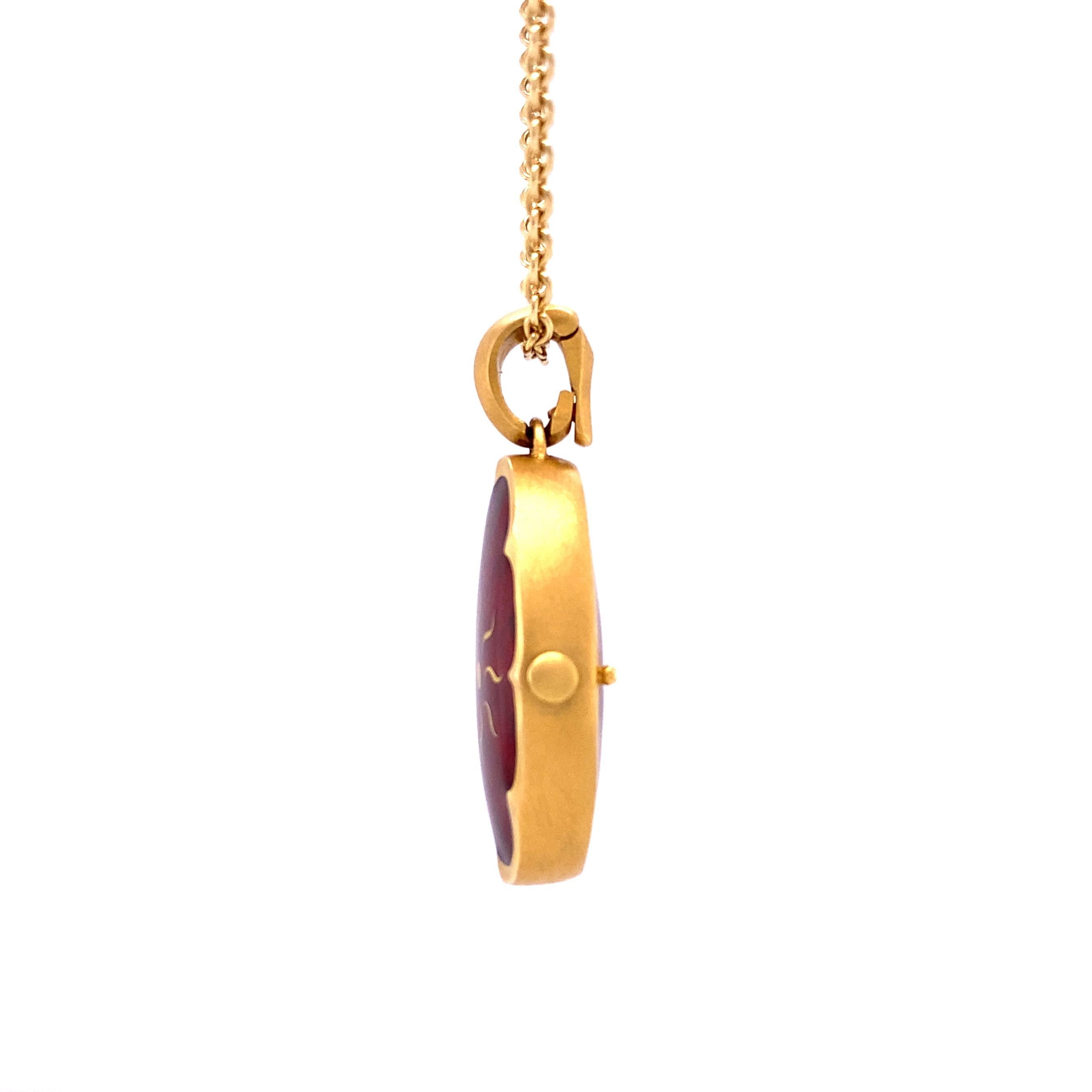 Contemporary Oval Pendant Locket Necklace - 18k Yellow Gold - Red Guilloche Enamel Paillons For Sale