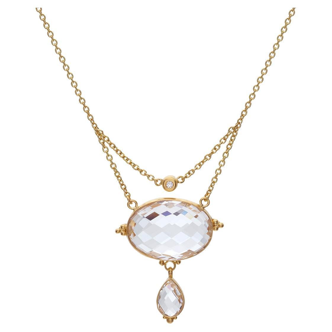 Oval Pendant Matte Necklace in 22Kt Yellow Gold with Royal Quartz and Diamond