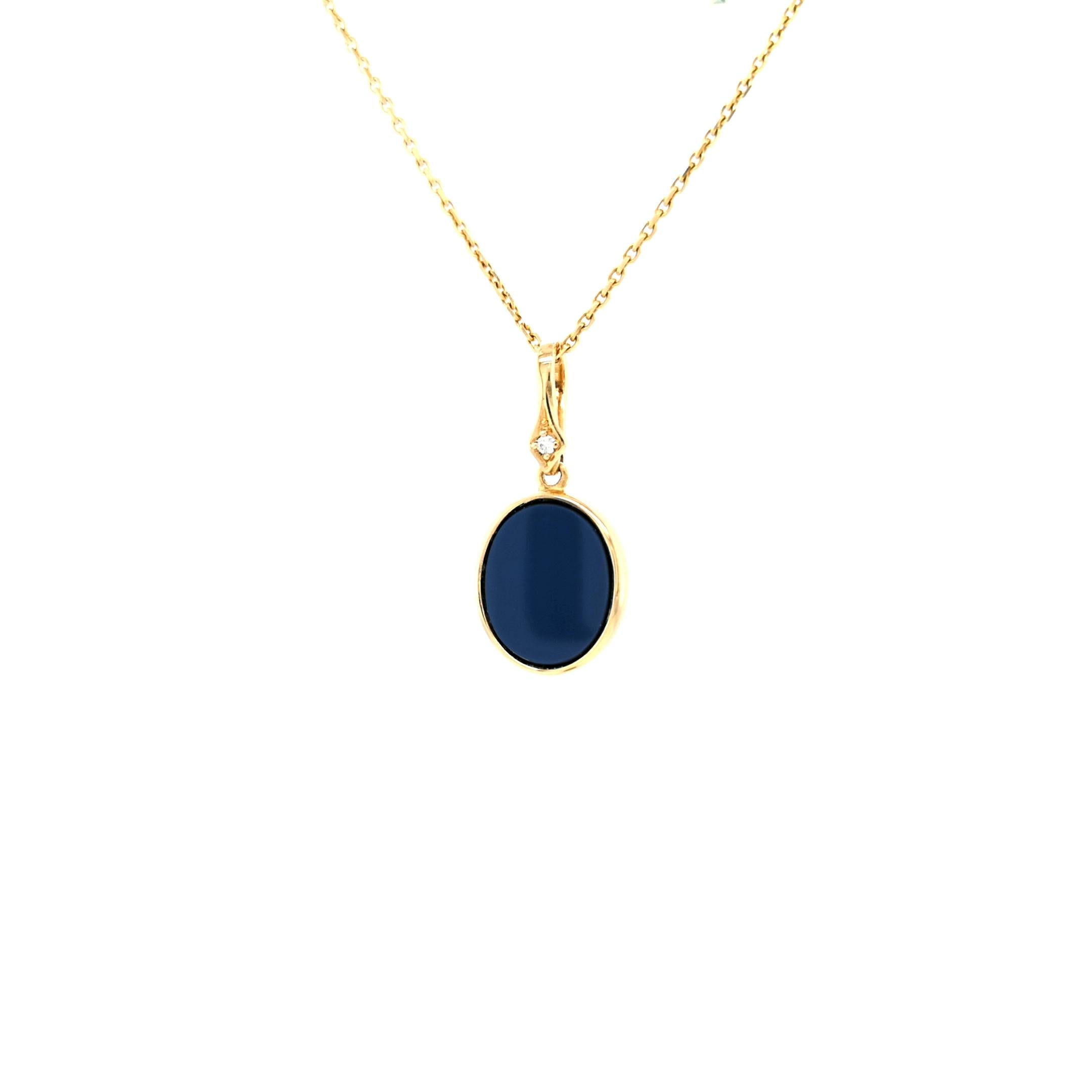Oval Pendant Necklace 18k Yellow Gold 1 Diamond 0.02 ct G VS Blue Layered Onyx For Sale 3