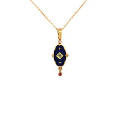 Oval Pendant Necklace - 18k Yellow Gold - Blue Enamel 1 Peridot 3 Rubies 2 Stars