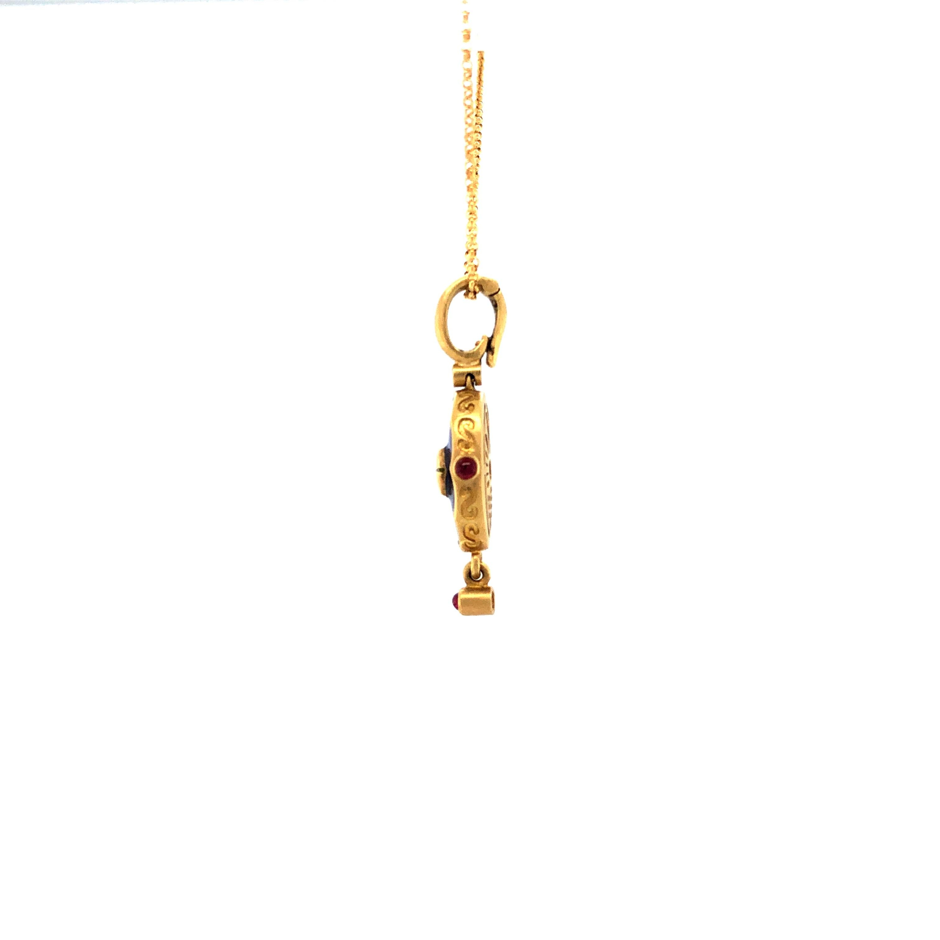 Women's Oval Pendant Necklace - 18k Yellow Gold - Blue Enamel 1 Peridot 3 Rubies 2 Stars For Sale