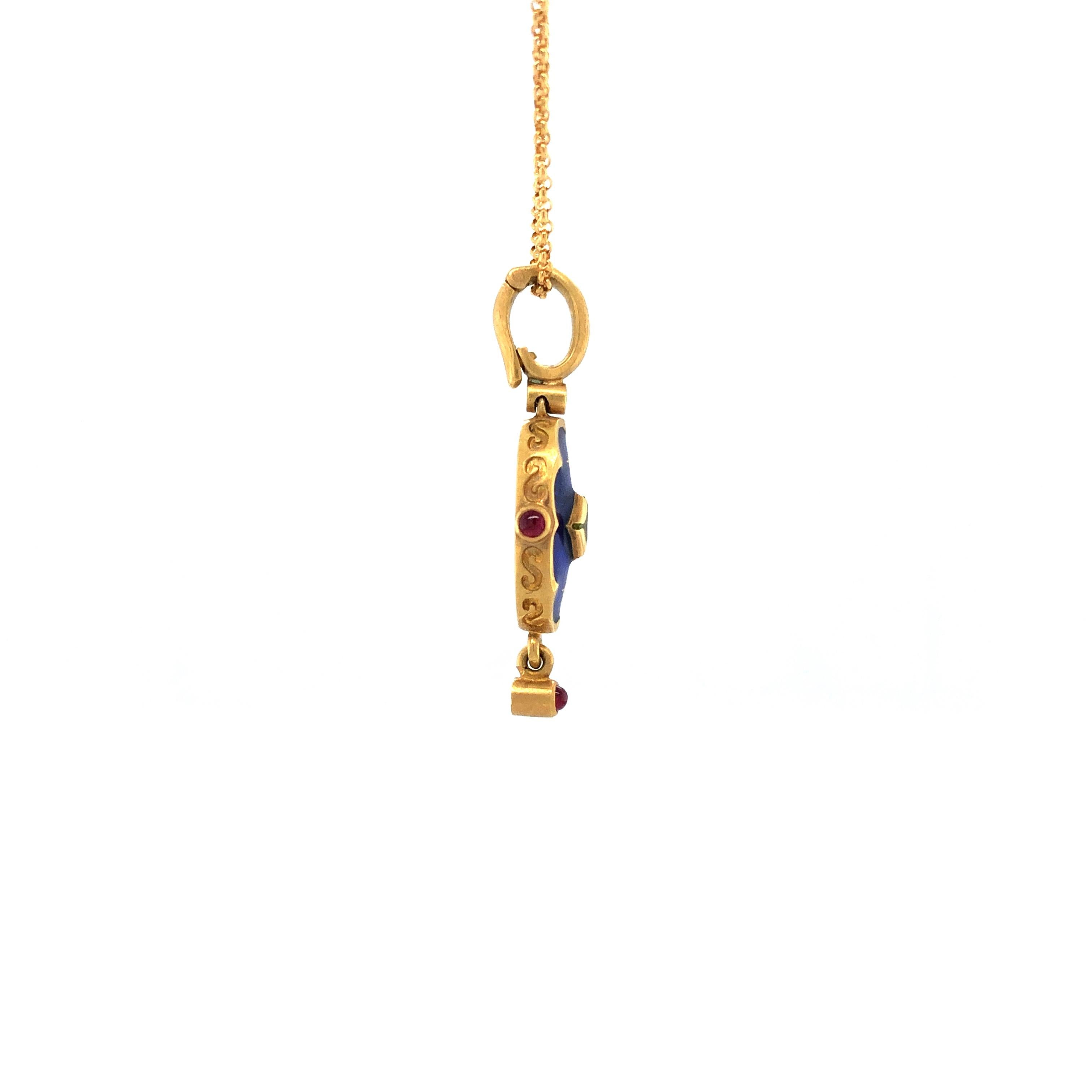Oval Pendant Necklace - 18k Yellow Gold - Blue Enamel 1 Peridot 3 Rubies 2 Stars For Sale 1