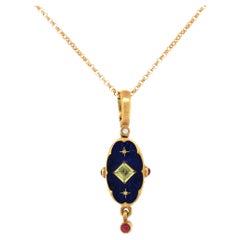 Used Oval Pendant Necklace - 18k Yellow Gold - Blue Enamel 1 Peridot 3 Rubies 2 Stars