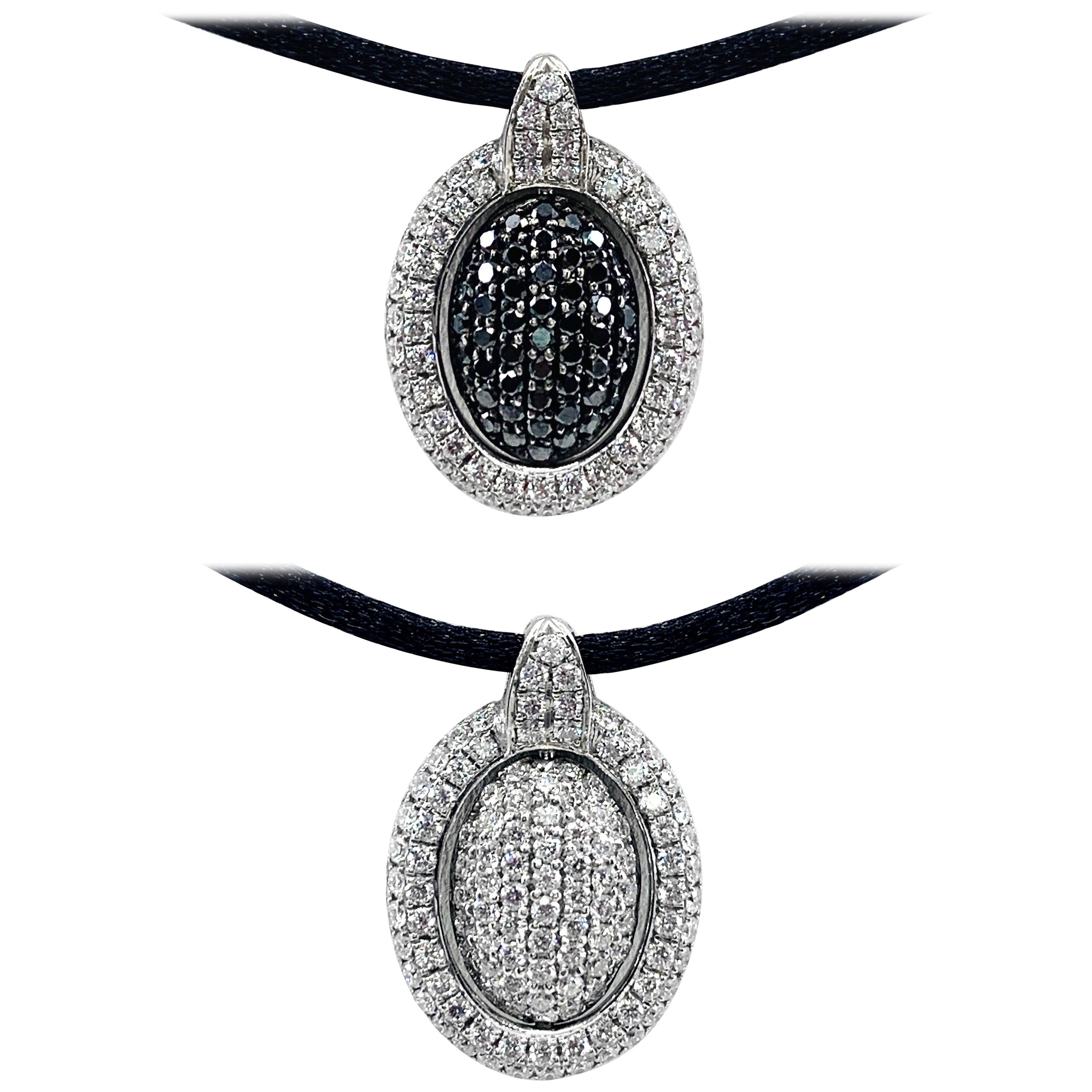 Oval Pendant with Reversible Black & White Diamond Center on Black Diamond Chain For Sale 9