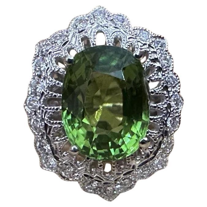 Oval Peridot 7.39 carat and Diamond Cocktail Ring in Platinum