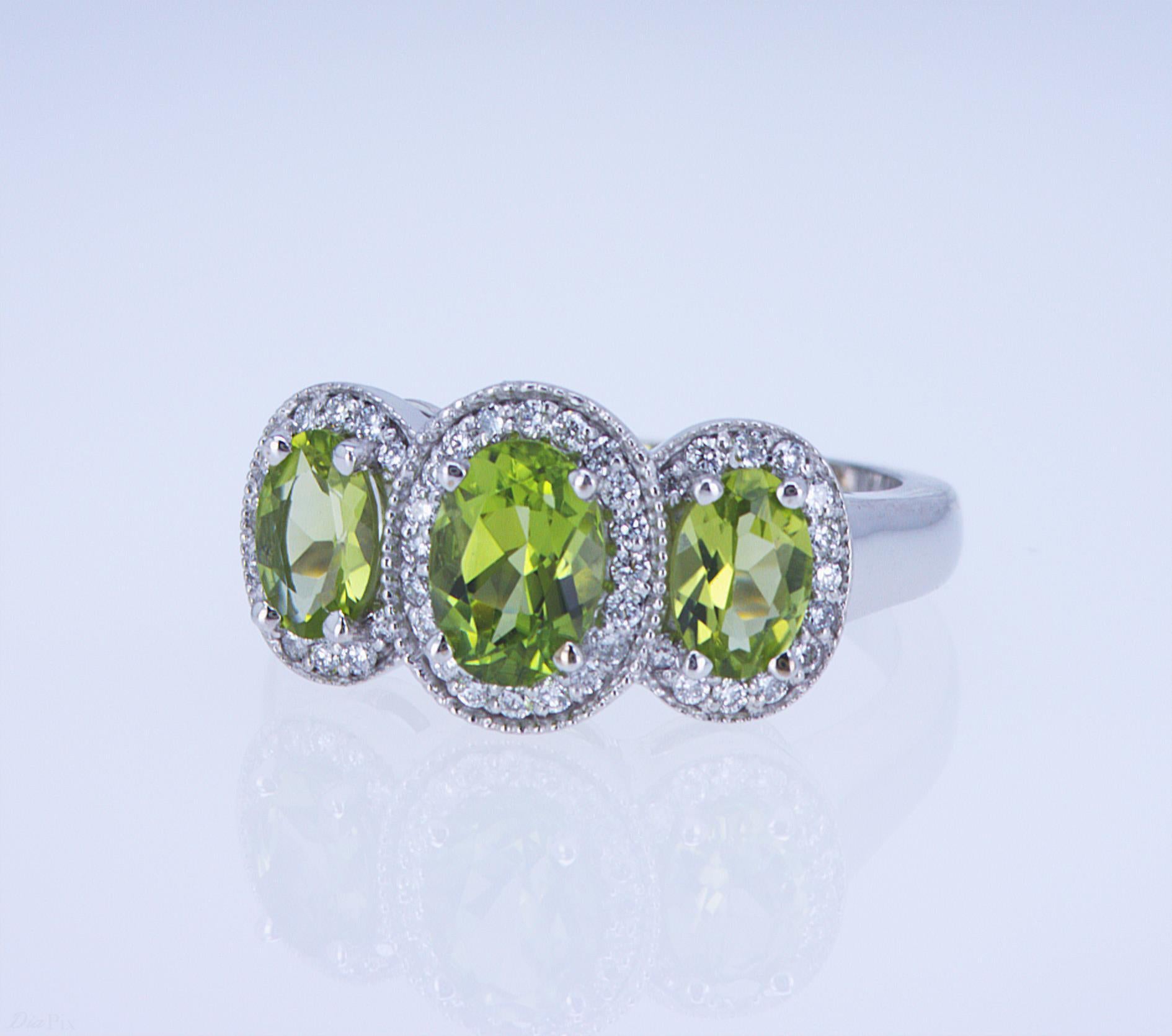 For Sale:  Oval Peridot and Diamond 3-Stone Ring 6
