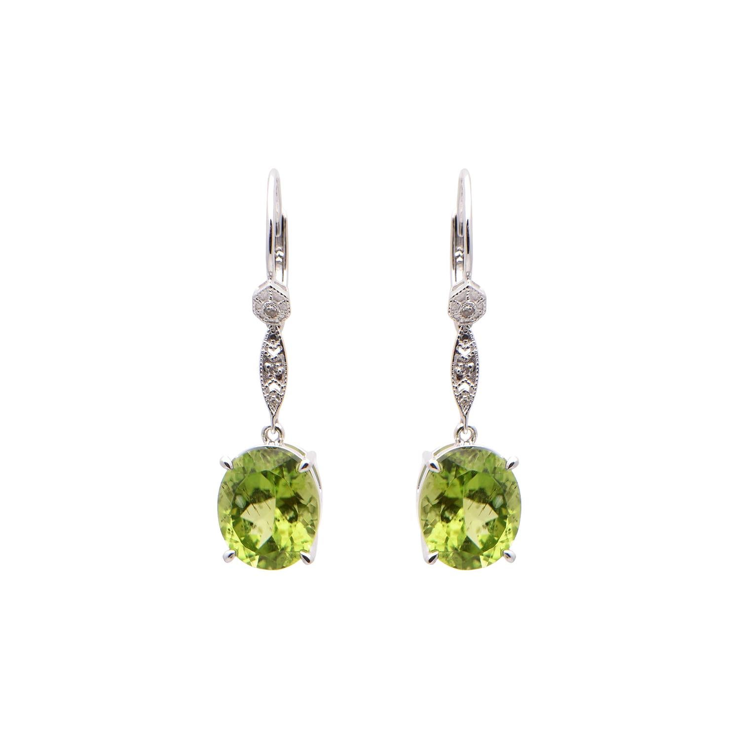 Oval Peridot and Diamond Drop Earrings in 18 Carat White Gold For Sale
