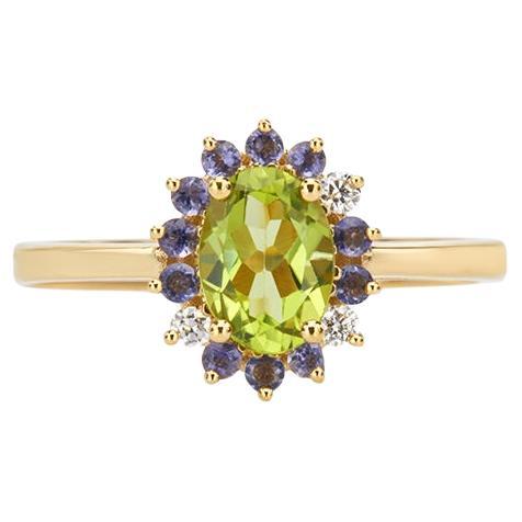 Oval Peridot Cluster Ring with Iolite & Brilliant Cut Diamonds 18Kt Yellow Gold