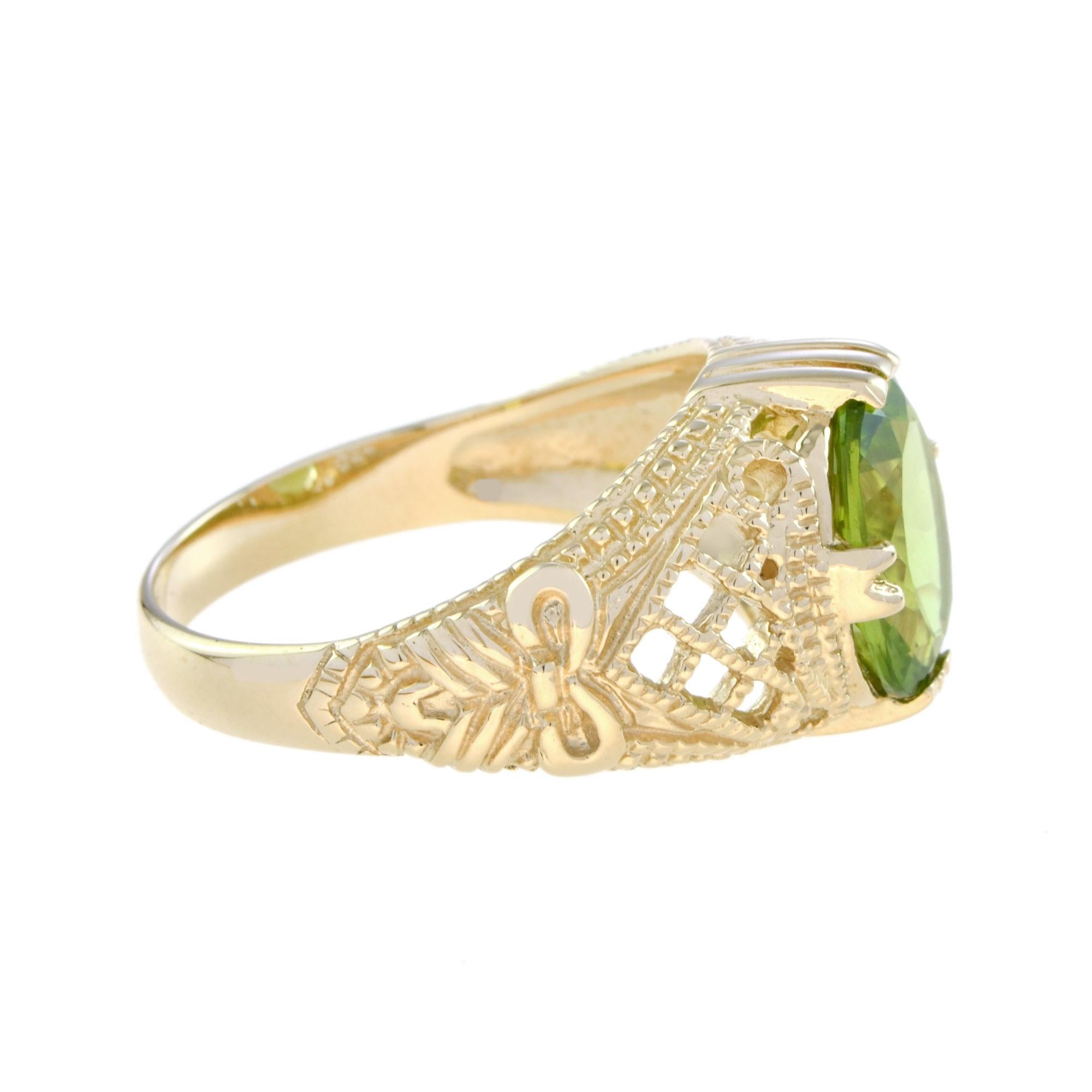 Edwardian Oval Peridot Filigree Dome Cocktail Ring in 14K Yellow Gold