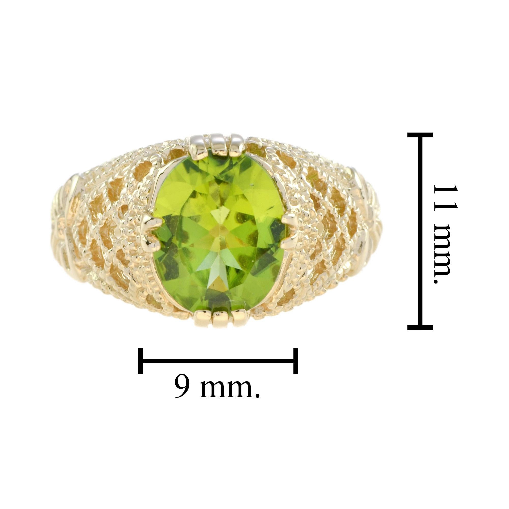 Women's or Men's Oval Peridot Filigree Dome Cocktail Ring in 14K Yellow Gold
