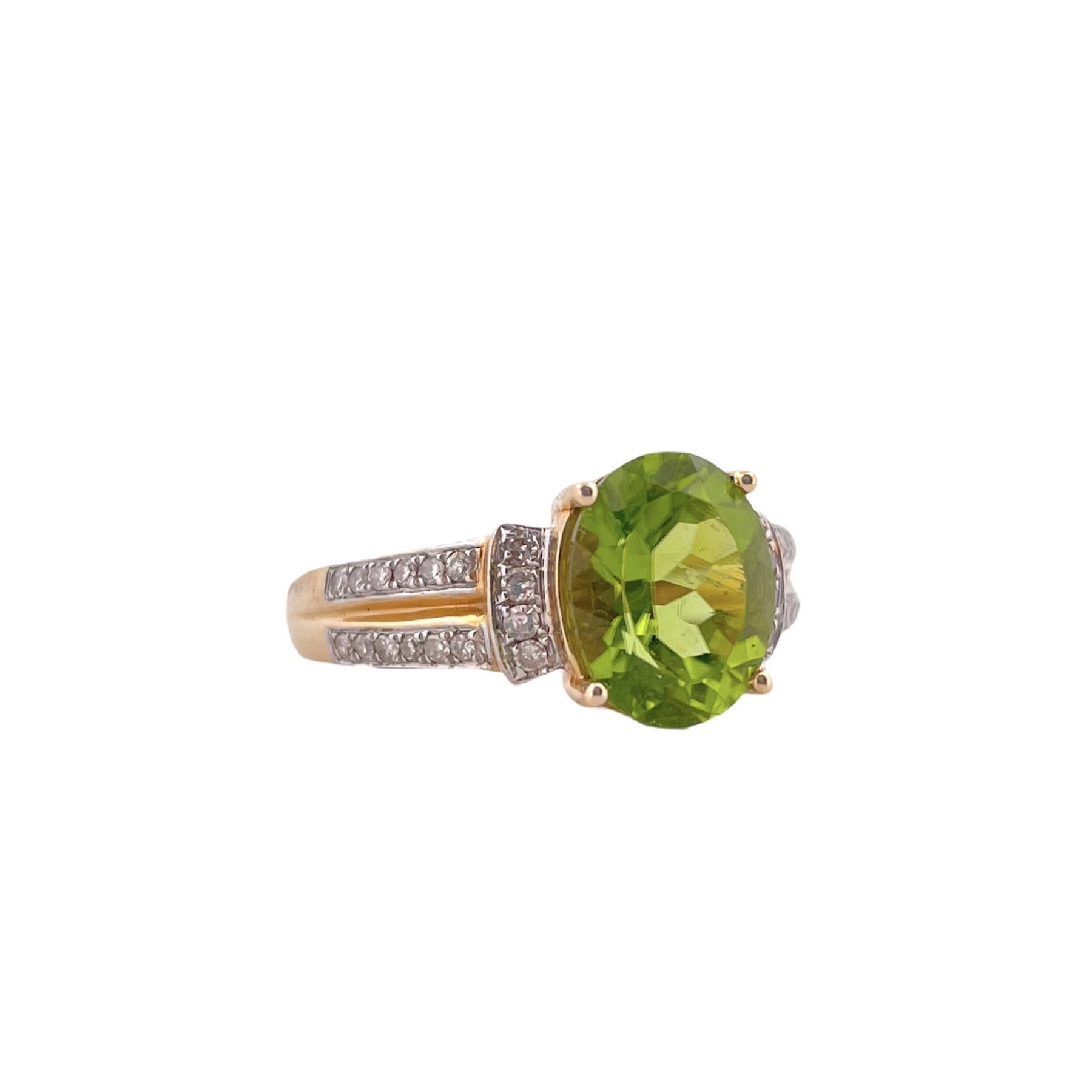 Retro Oval Peridot Ring with Diamond Accents - 14K Yellow Gold For Sale