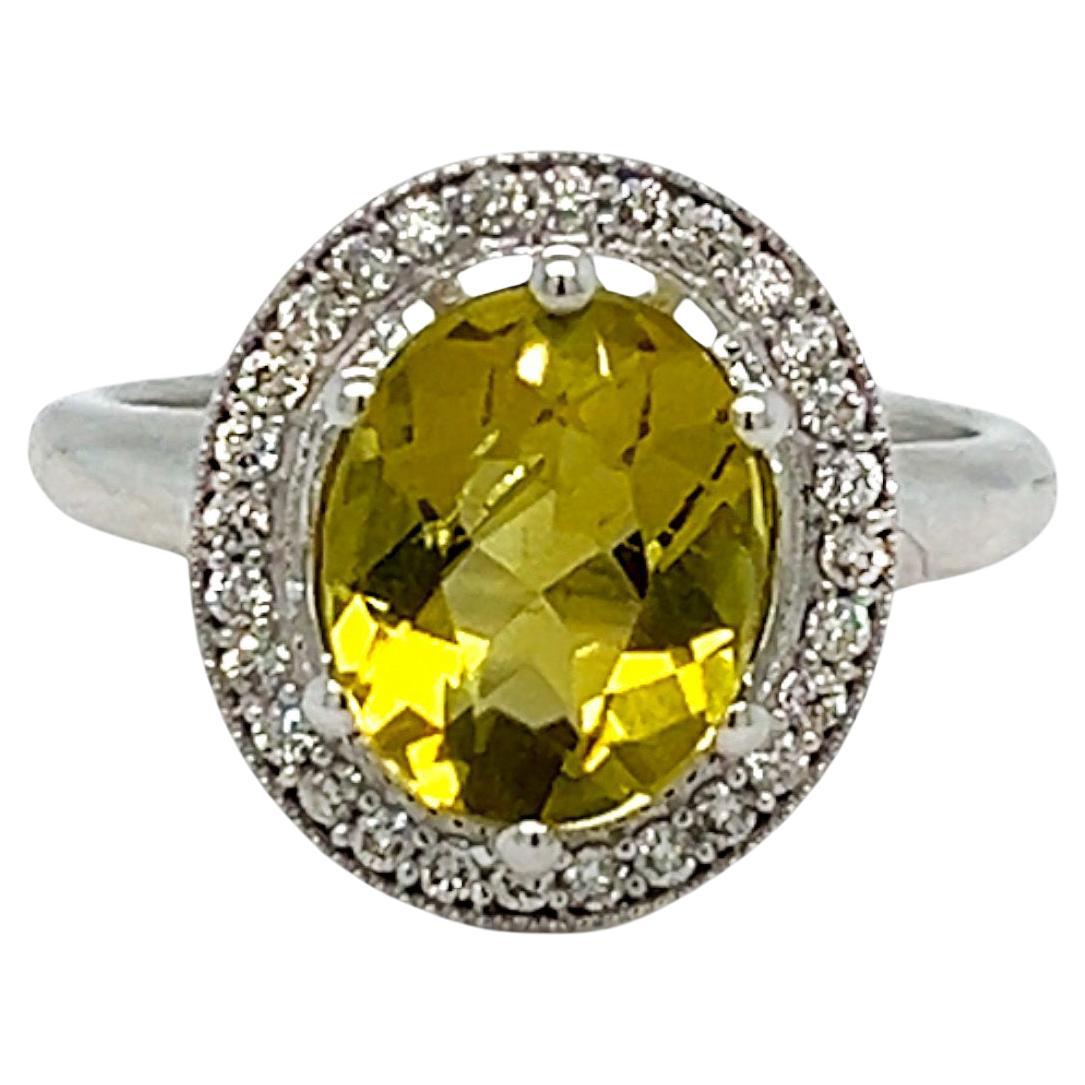 Oval Peridot with Diamond Halo White Gold Statement Ring For Sale