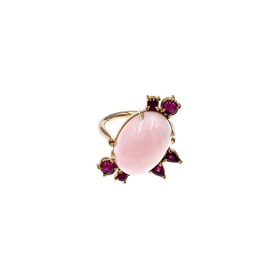 Oval Peruvian Pink Opal Cabochon with Ruby Accents Rose Gold Cocktail ...