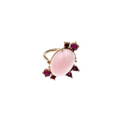 Oval Peruvian Pink Opal Cabochon with Ruby Accents Rose Gold Cocktail Ring