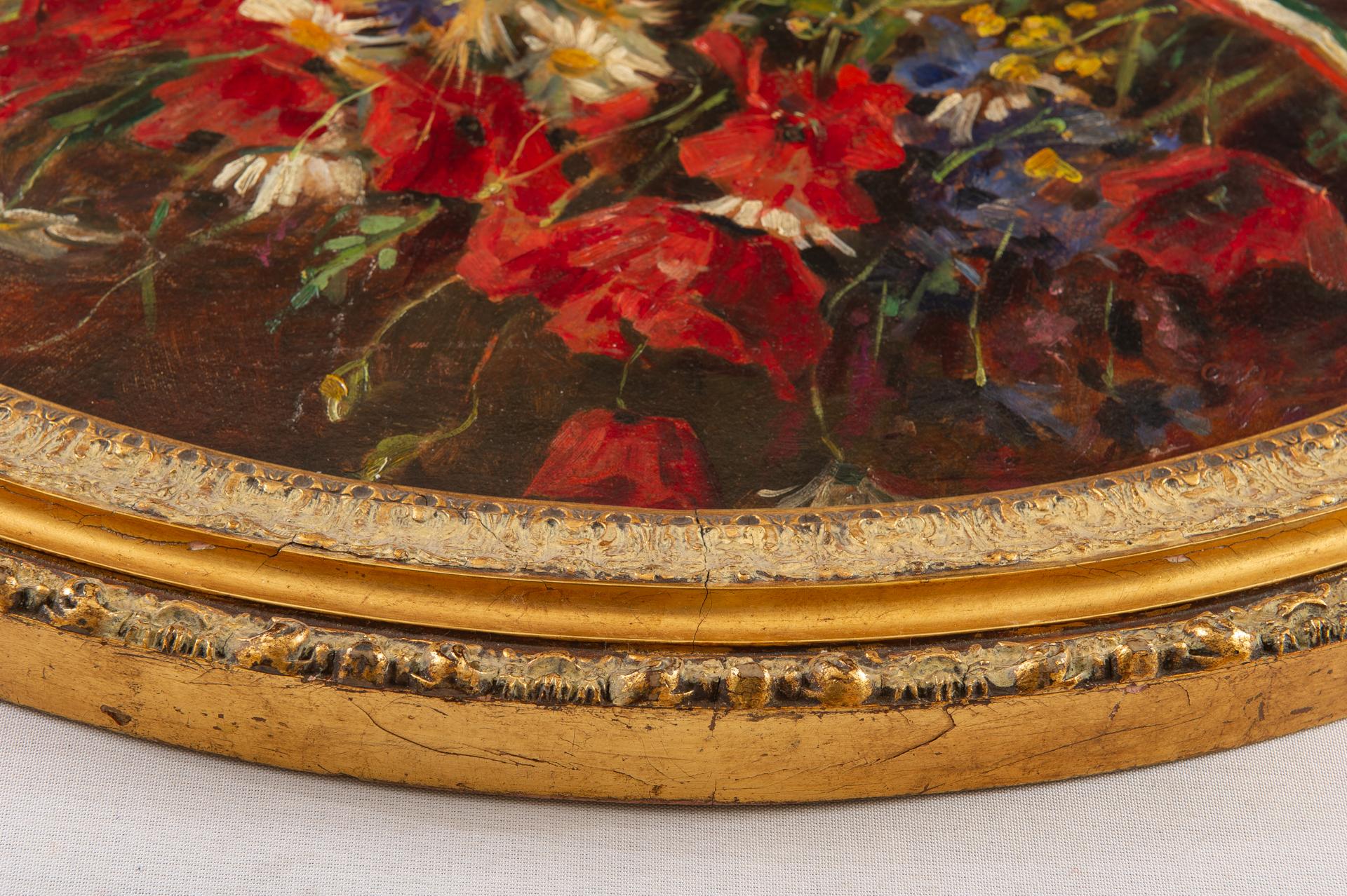 Masonite Oval Picture with Poppies For Sale