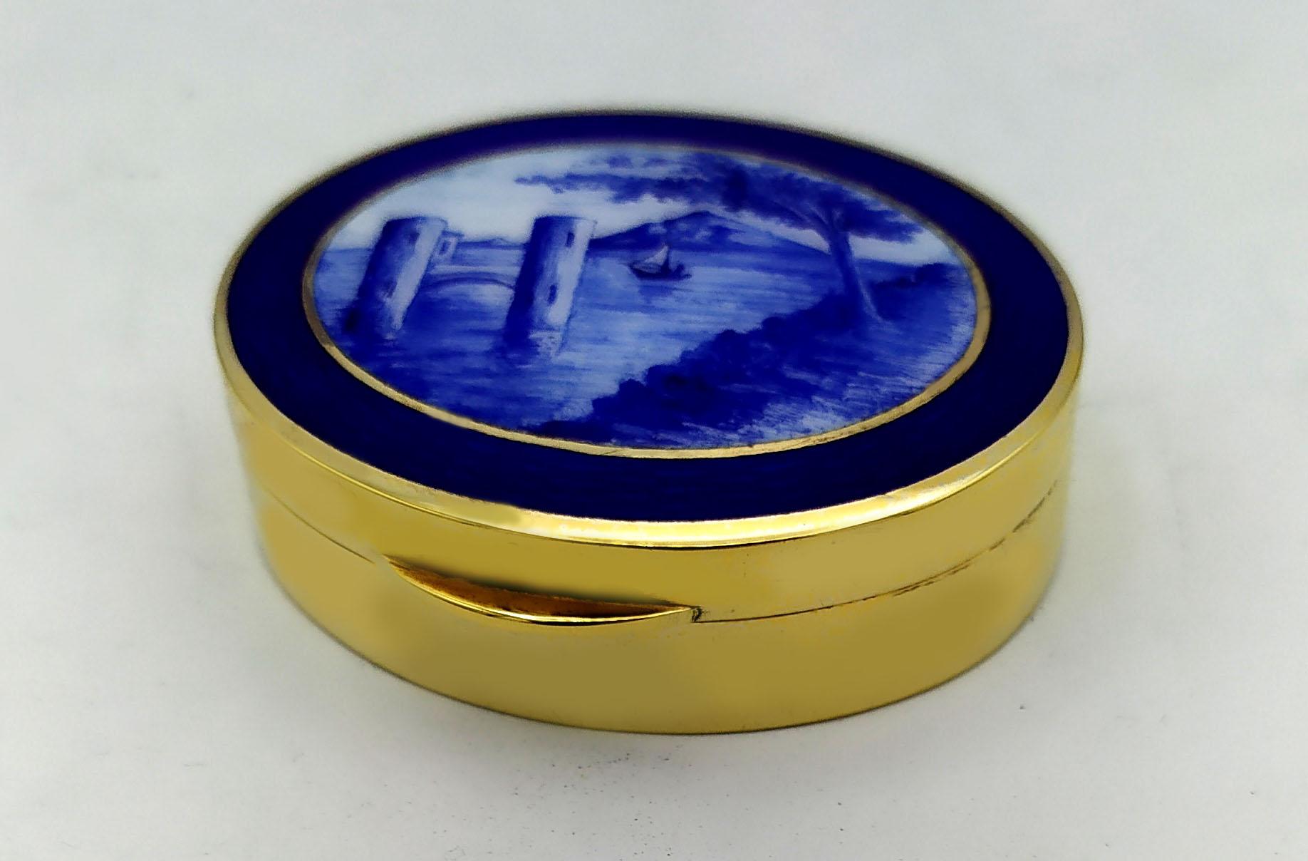 Italian Oval Pill Box Monochrome Fired Enamel Landscape Miniature Art Nouveau Style Ster For Sale