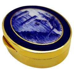 Retro Oval Pill Box Monochrome Fired Enamel Landscape Miniature Art Nouveau Style Ster