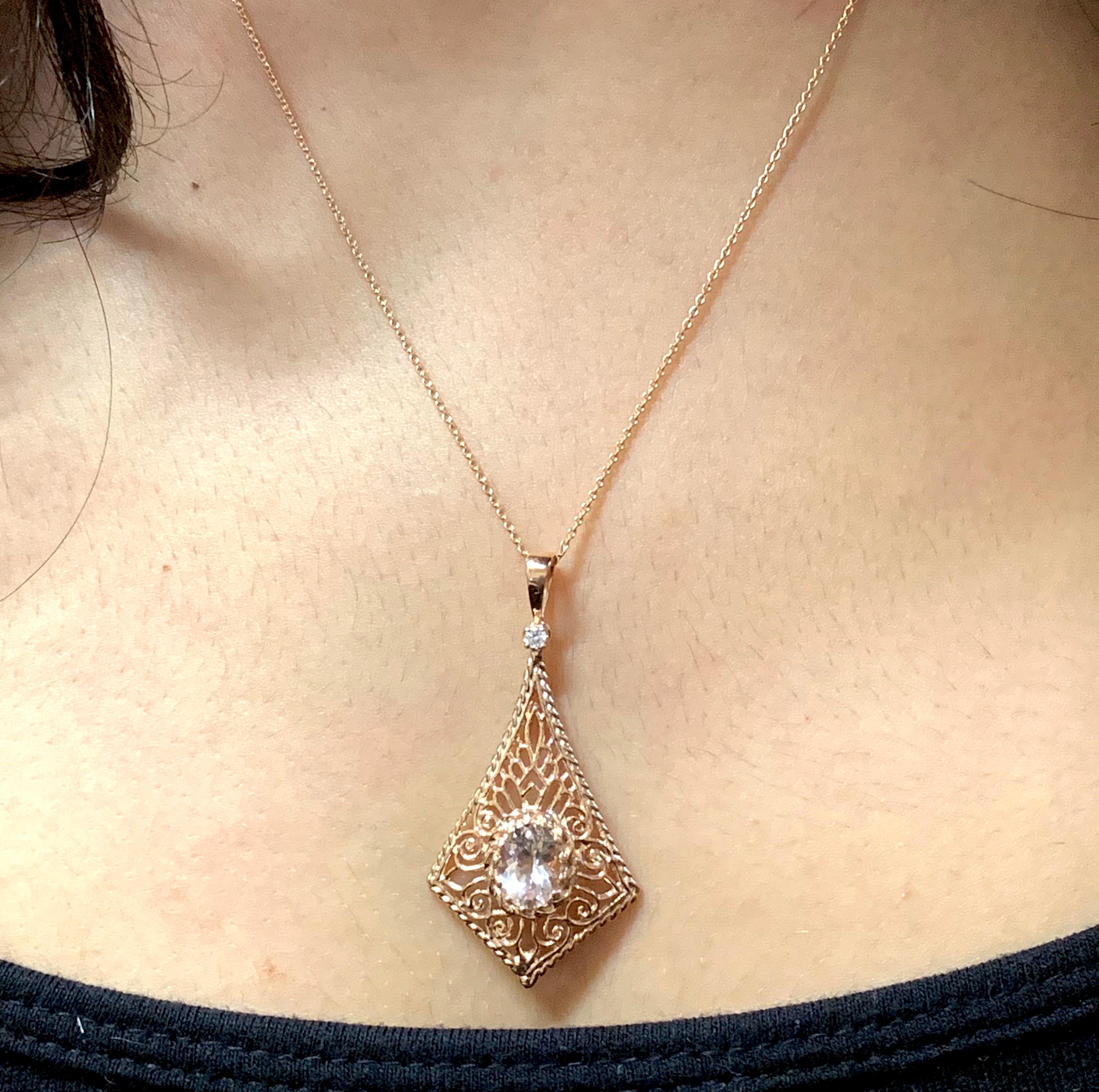 Contemporary Oval Pink Morganite Diamond Rose Gold Pendant