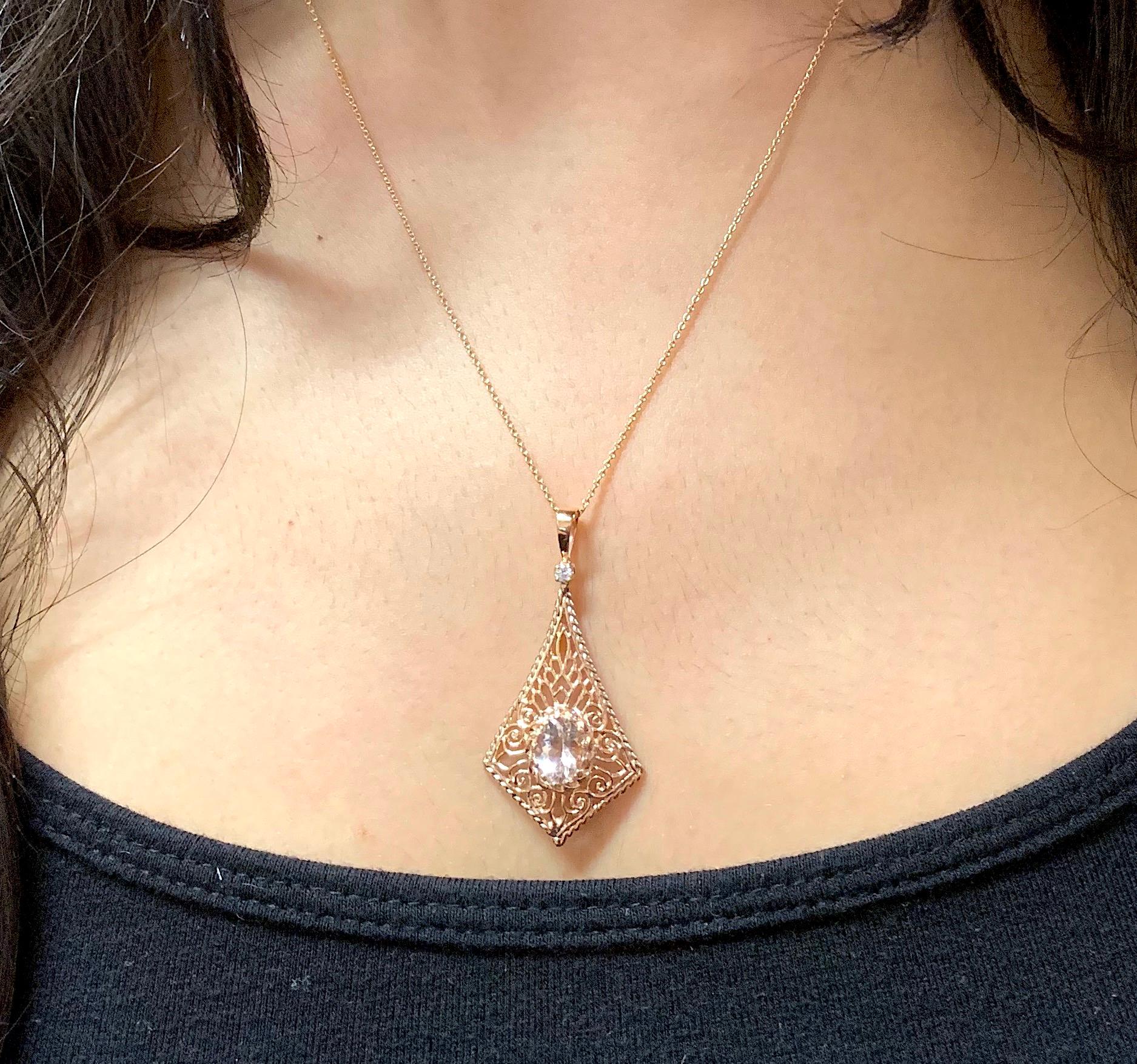 Oval Cut Oval Pink Morganite Diamond Rose Gold Pendant