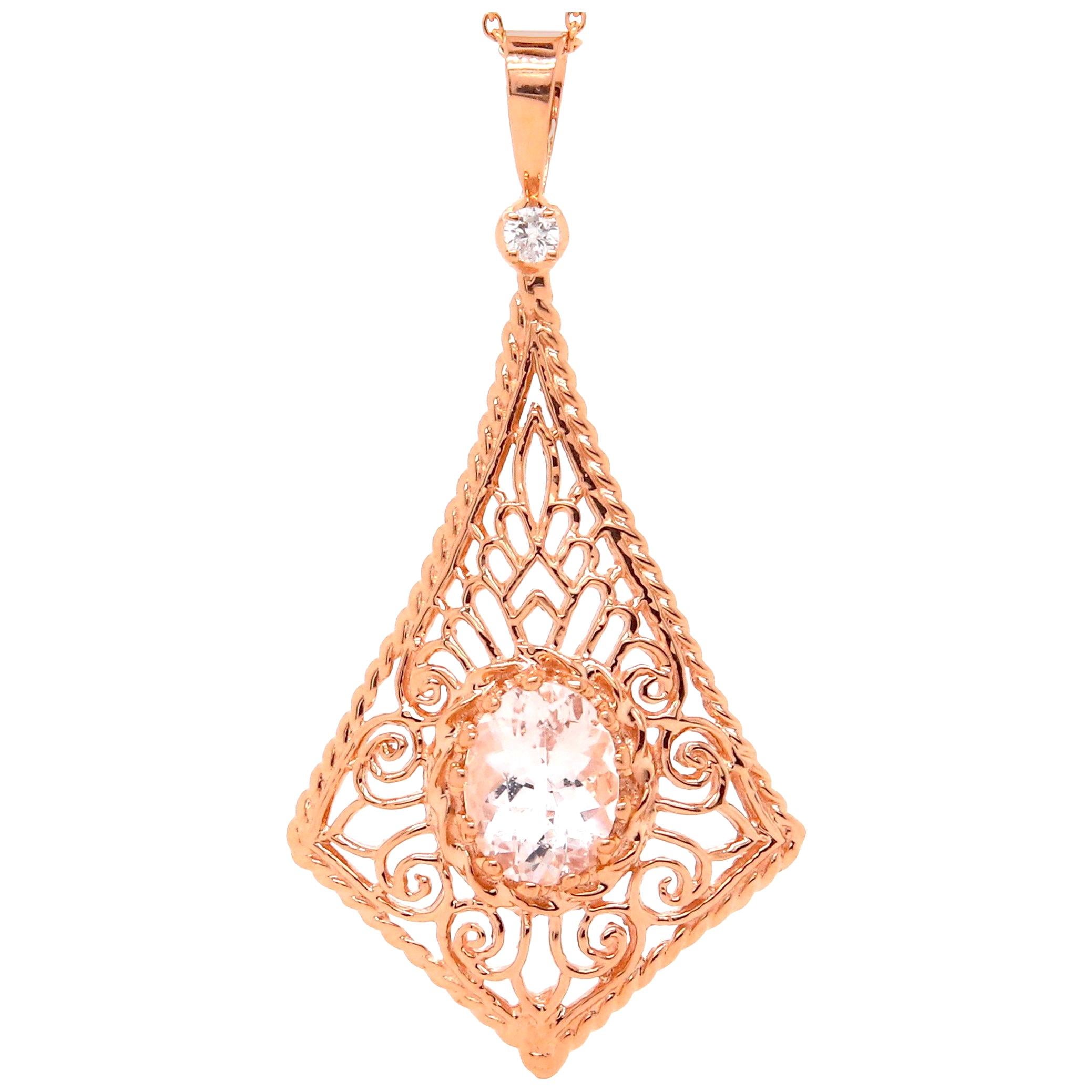 Oval Pink Morganite Diamond Rose Gold Pendant