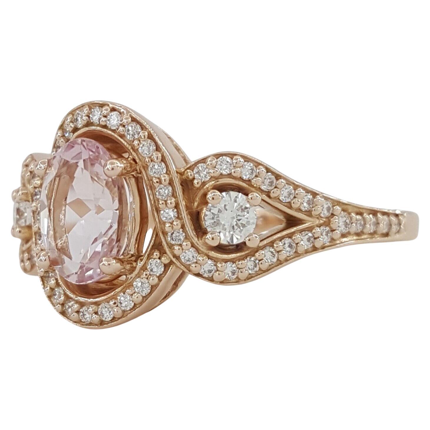 Cushion Cut Oval Pink Morganite & Round Brilliant Cut Diamond Engagement Ring For Sale