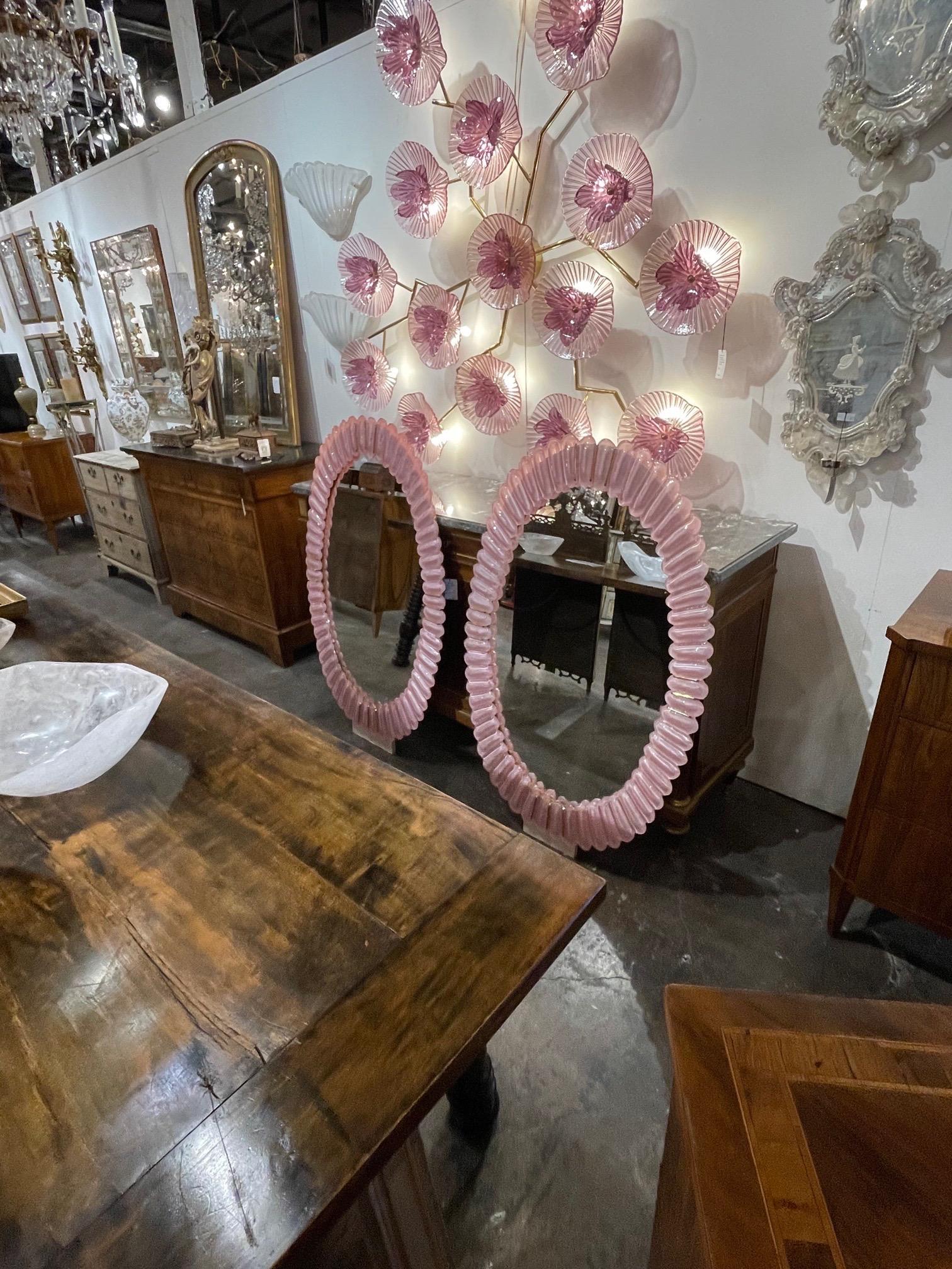 Oval Pink Murano Glass Mirrors with Brass In Good Condition For Sale In Dallas, TX