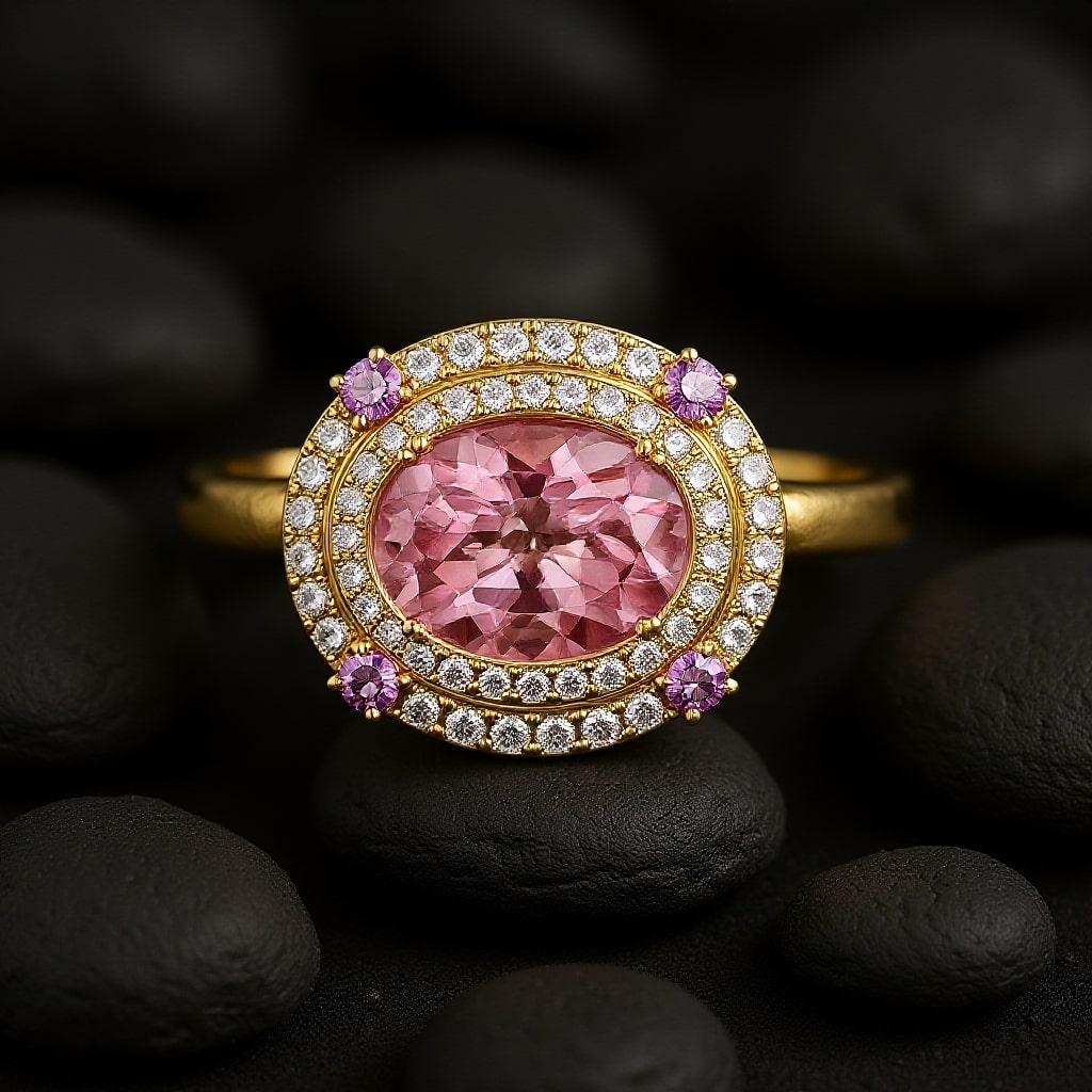 Im Angebot: Oval Pink Sapphire 14K (oder 18k auf Anfrage) Gelbgold Diamant Double Halo Coc () 3