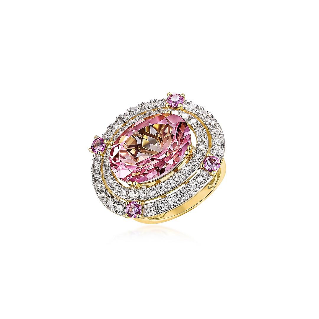Im Angebot: Oval Pink Sapphire 14K (oder 18k auf Anfrage) Gelbgold Diamant Double Halo Coc () 4