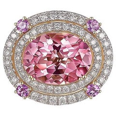 Zaffiro rosa ovale 14 carati (o 18 carati su richiesta) in oro giallo con diamante a doppio alone Coc