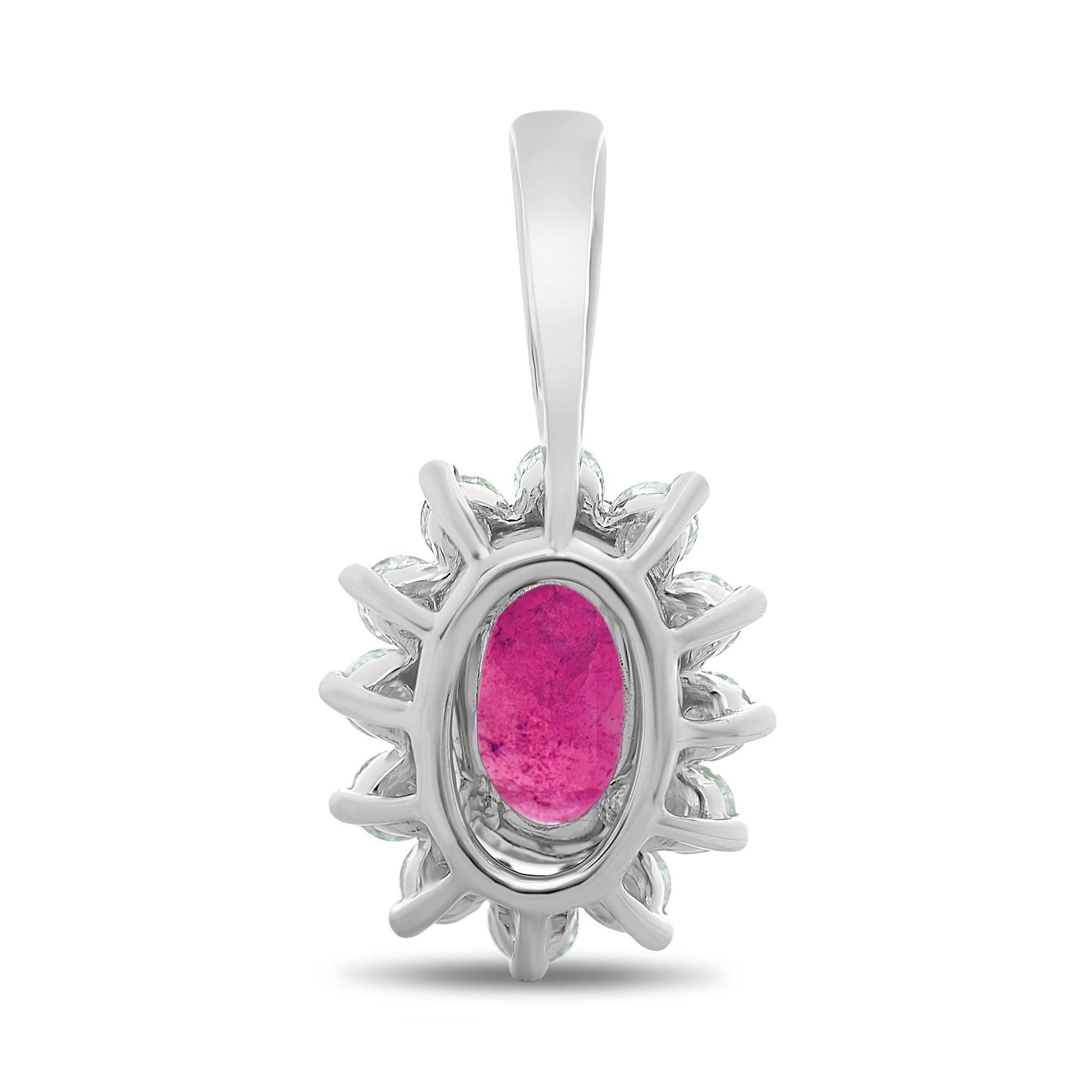 Oval Cut Oval Pink Sapphire, White Diamond, and 18 Karat White Gold Halo Pendant For Sale