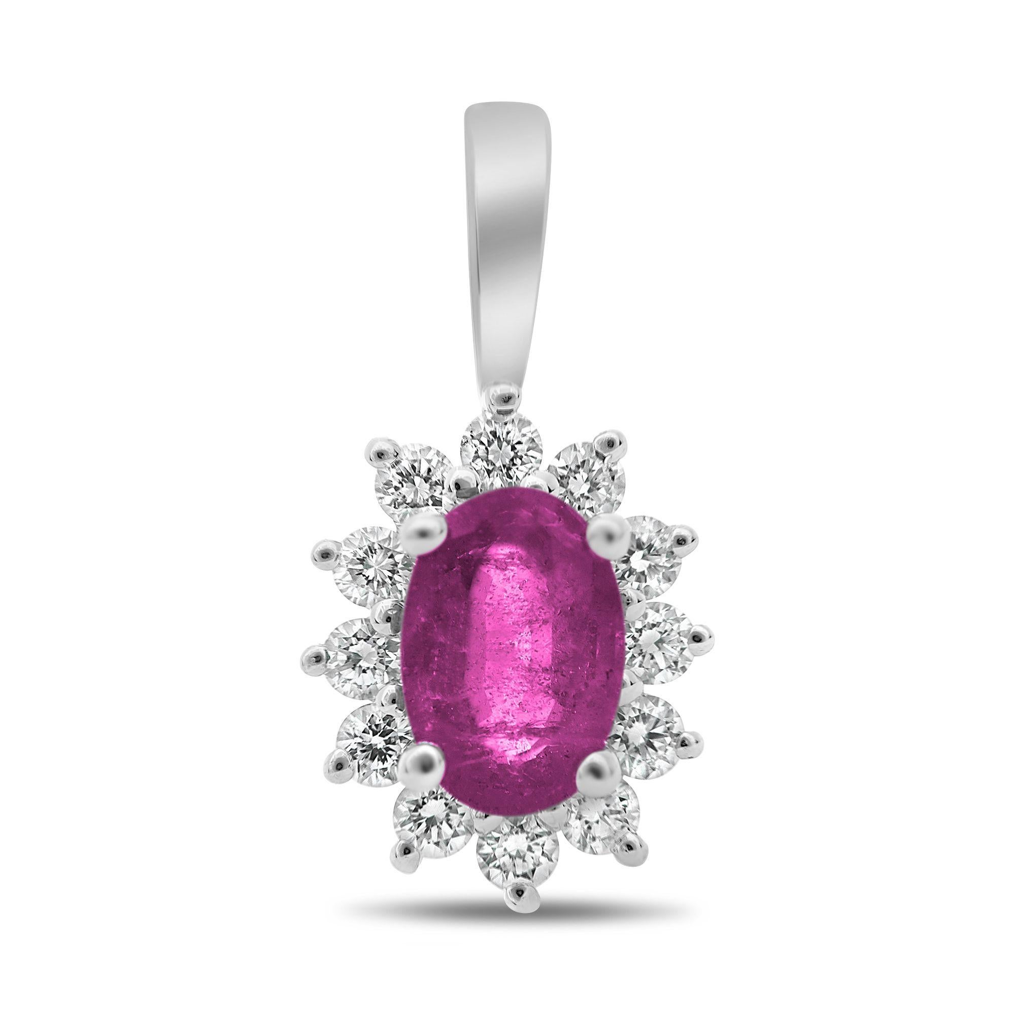 Oval Pink Sapphire, White Diamond, and 18 Karat White Gold Halo Pendant In New Condition For Sale In New York, NY