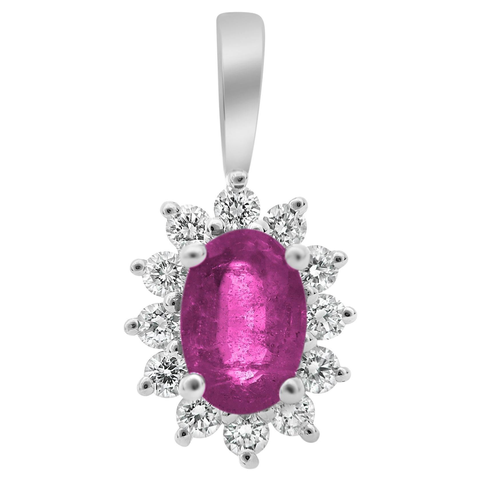 Oval Pink Sapphire, White Diamond, and 18 Karat White Gold Halo Pendant For Sale