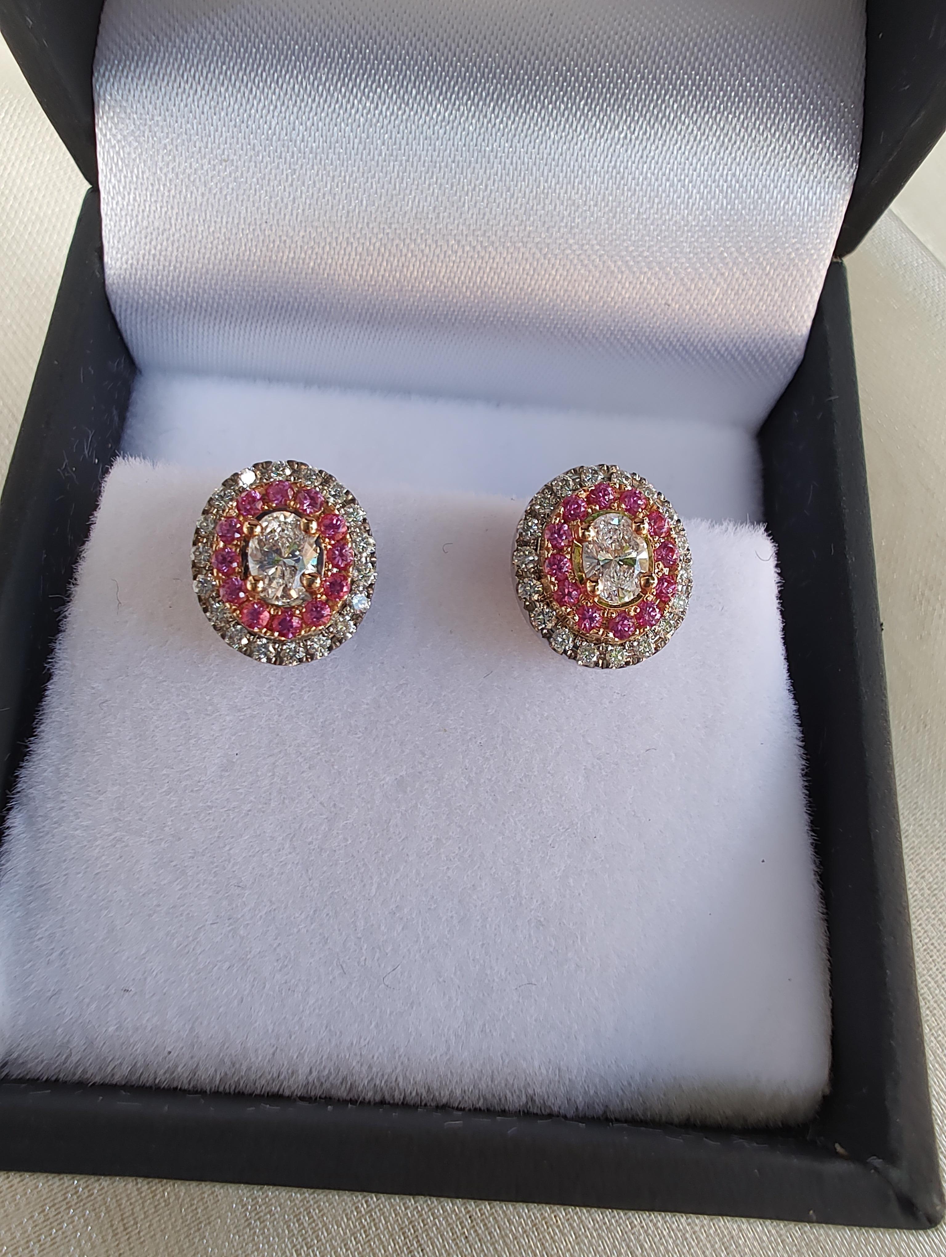 Oval Pink Sapphire and Diamond Double Halo Stud Earrings in 18ct Gold For Sale 4