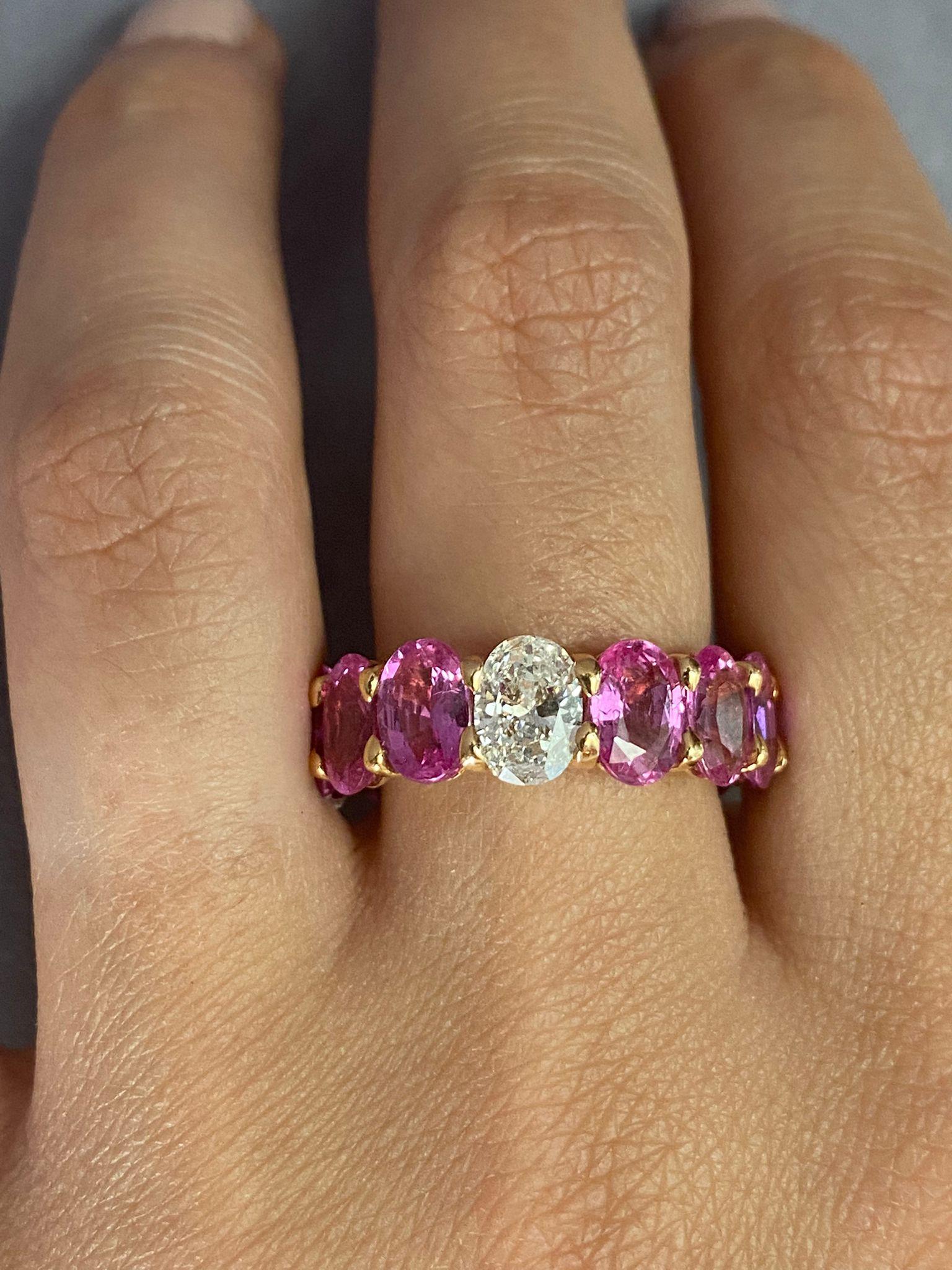 Oval Cut 13.36 Carat Oval Pink Sapphire and Diamond Eternity Band Ring For Sale