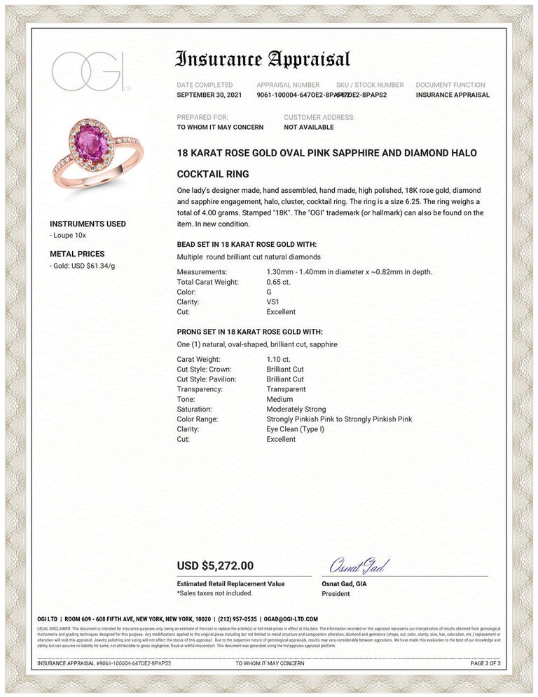 Eighteen karats rose gold cocktail ring 
Ceylon oval shape pink sapphire weighing 1.10 carat  
Diamonds weighing 0.65 carat
Ring size 6.25 In Stock
The pink sapphire hue tone color is bubble gum pink
Ring shank measuring 2 millimeter
New Ring
One of