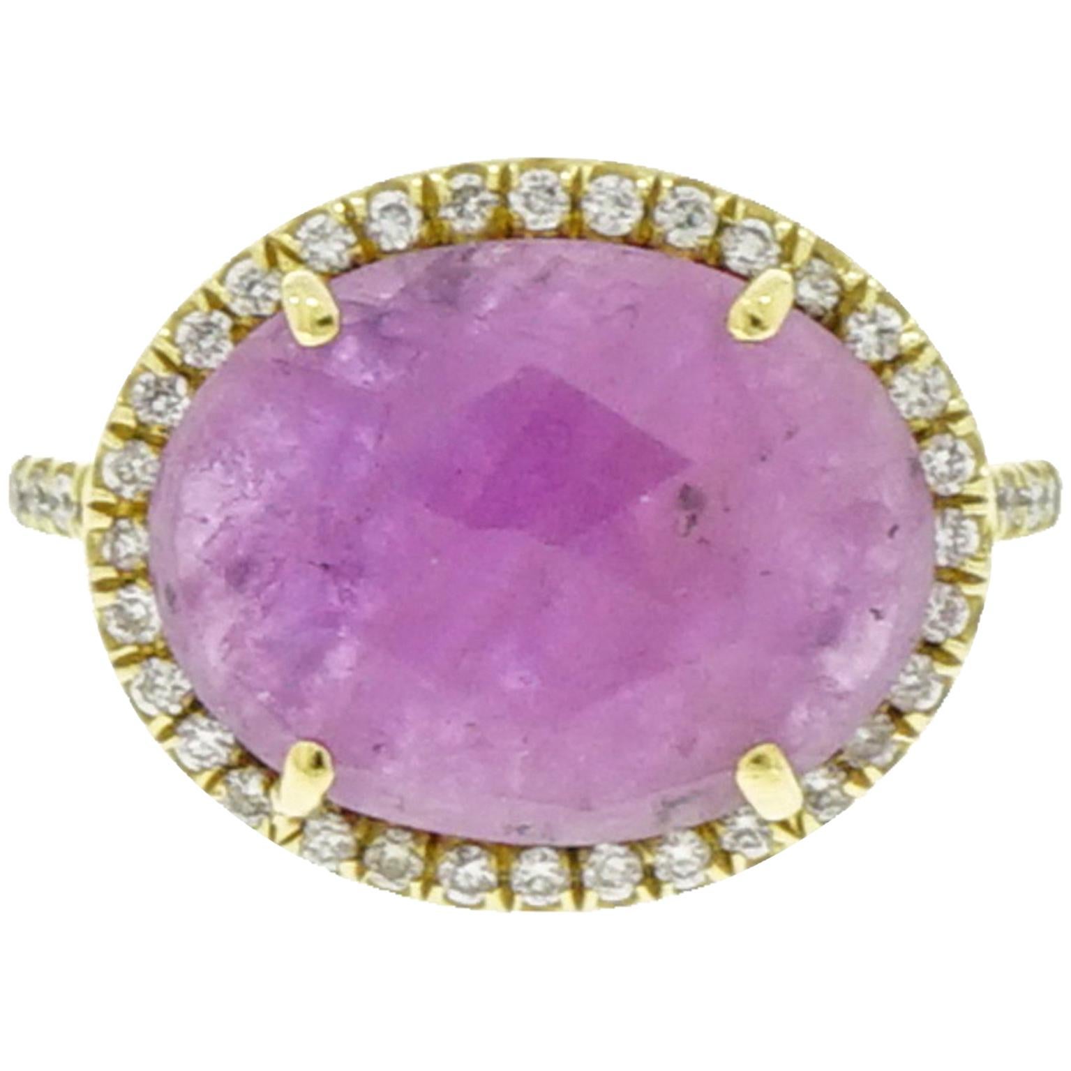 Oval Pink Sapphire and Diamond Yellow Gold Ring