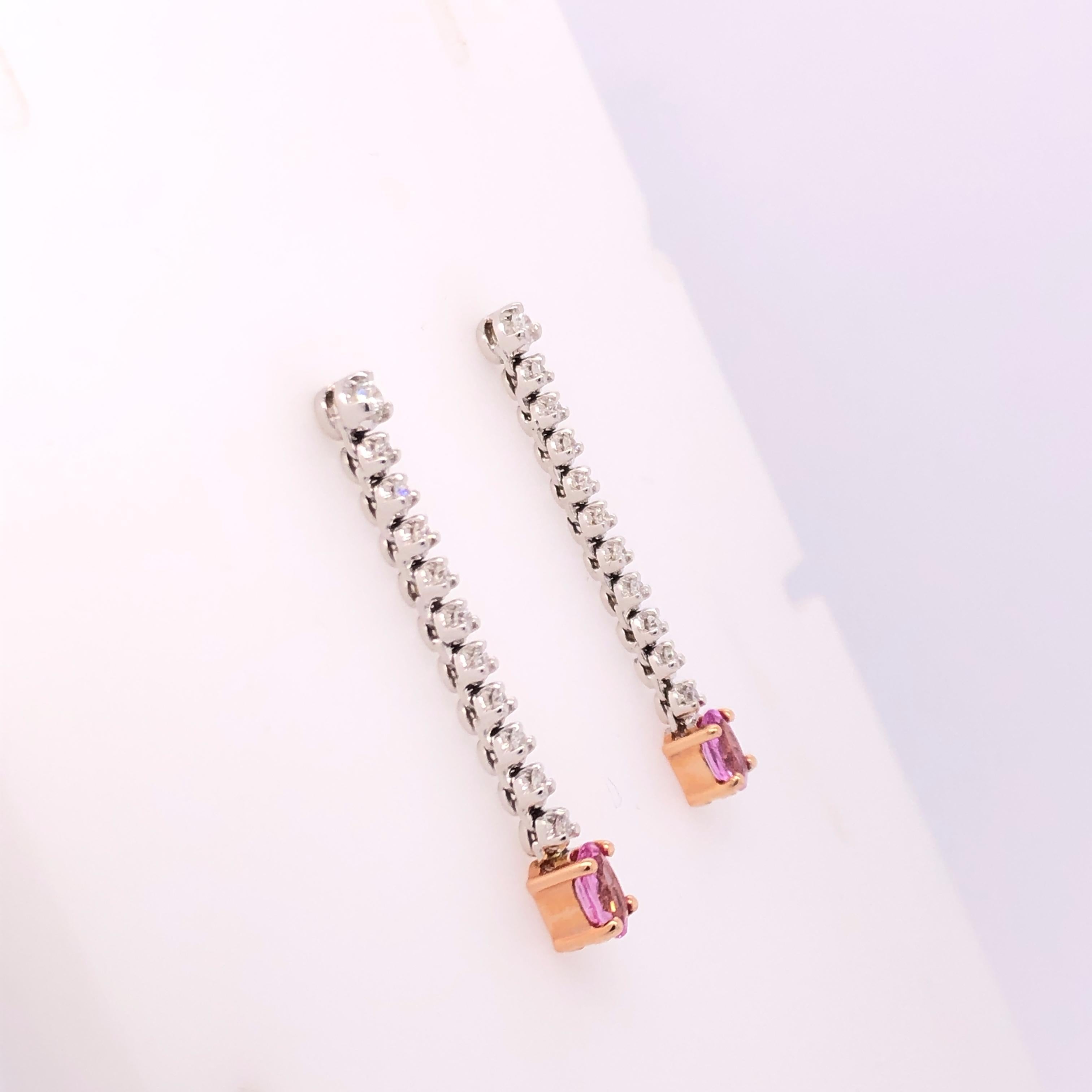 Oval Pink Sapphire and Diamonds Dangle Earrings In Good Condition In Dallas, TX