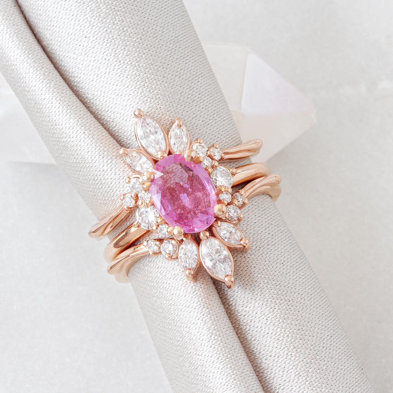 For Sale:  Oval Pink Sapphire and Diamonds Engagement Ring and Ring Guard Isabella Danielle 5