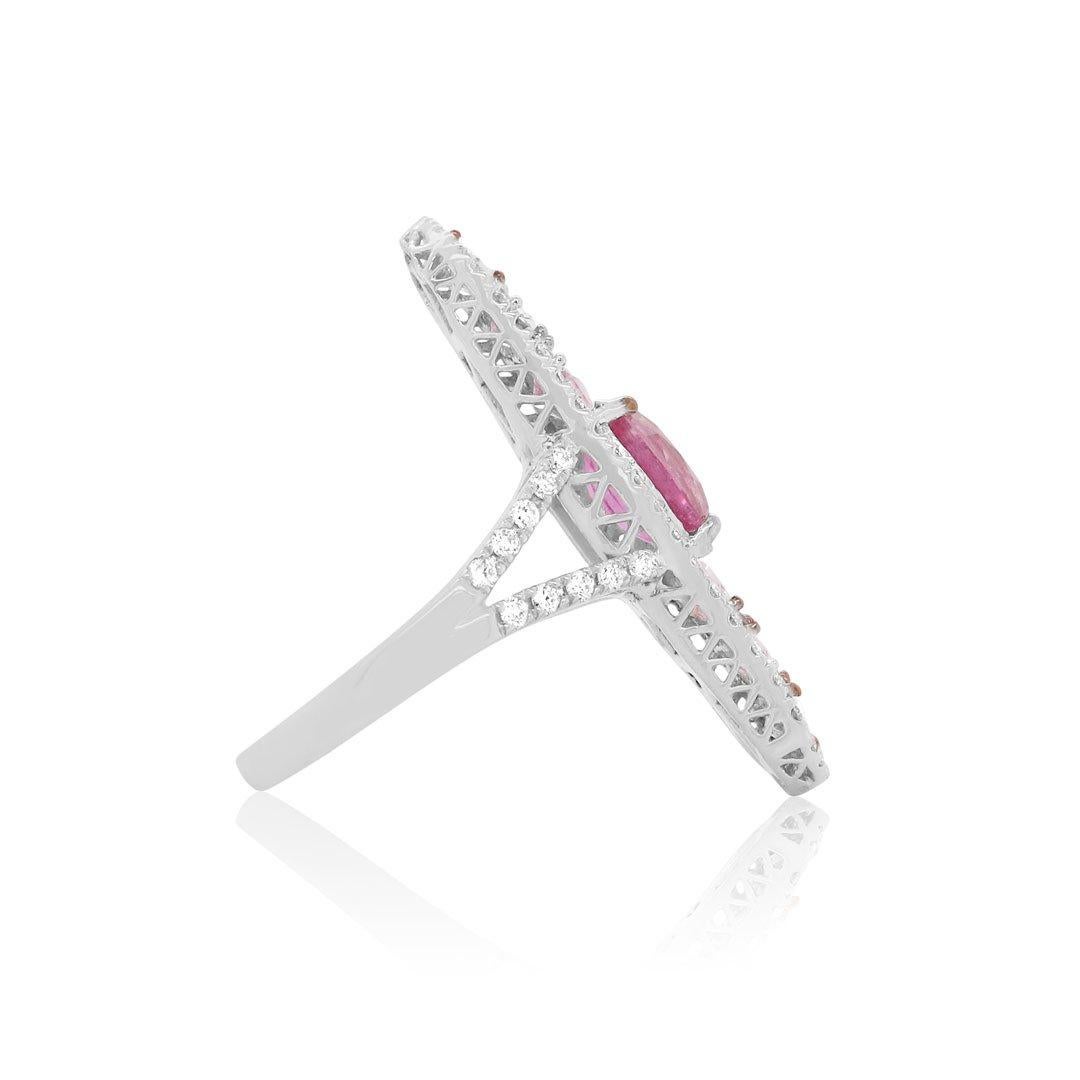 18K White Gold

1 Oval Pink Sapphire at 2.40 Carats Total Weight

1.71 Carats Total Weight of Hexagon Multicolor Sapphires

0.59 Carats Total Weight of Round Brilliant White Diamonds

Color: H-I / Clarity: SI ​

Alberto offers complimentary sizing