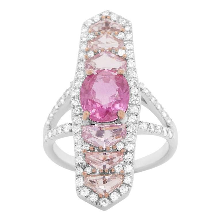 Oval Pink Sapphire Art Deco Style Hexagon Long Shield Cocktail Ring 18K Gold For Sale