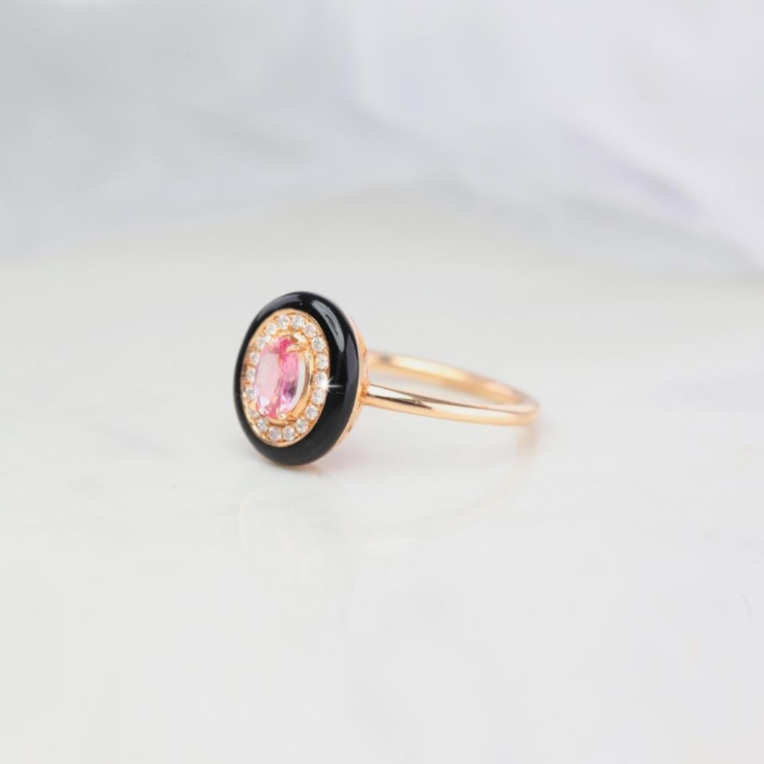 Art Deco Oval Pink Sapphire Black Enameled with Pave Diamond Setting Ring, Cocktail Ring For Sale