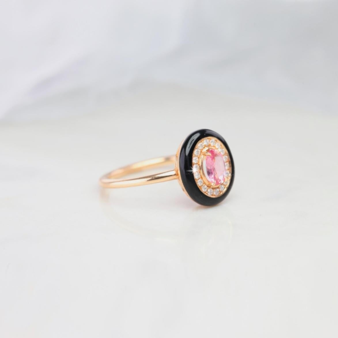 Oval Cut Oval Pink Sapphire Black Enameled with Pave Diamond Setting Ring, Cocktail Ring For Sale