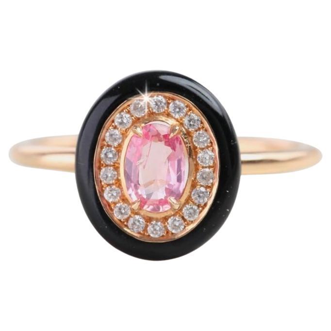 Oval Pink Sapphire Black Enameled with Pave Diamond Setting Ring, Cocktail Ring For Sale